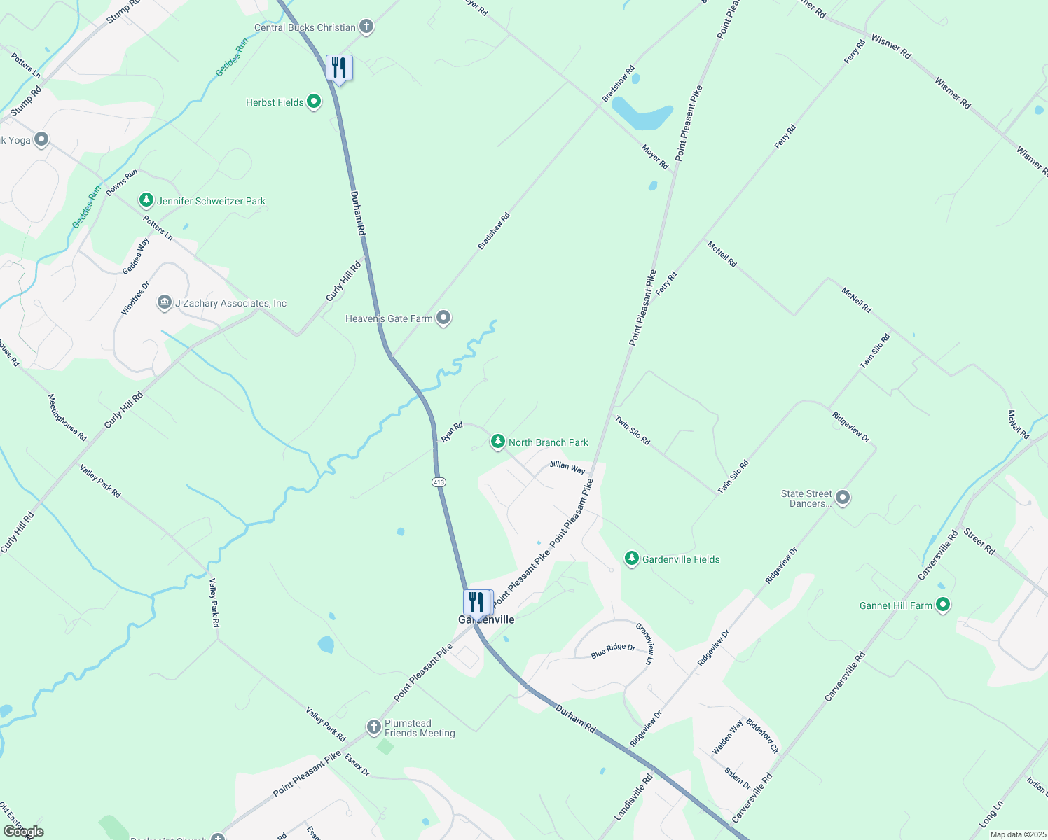 map of restaurants, bars, coffee shops, grocery stores, and more near 5458 Richie Court in Pipersville