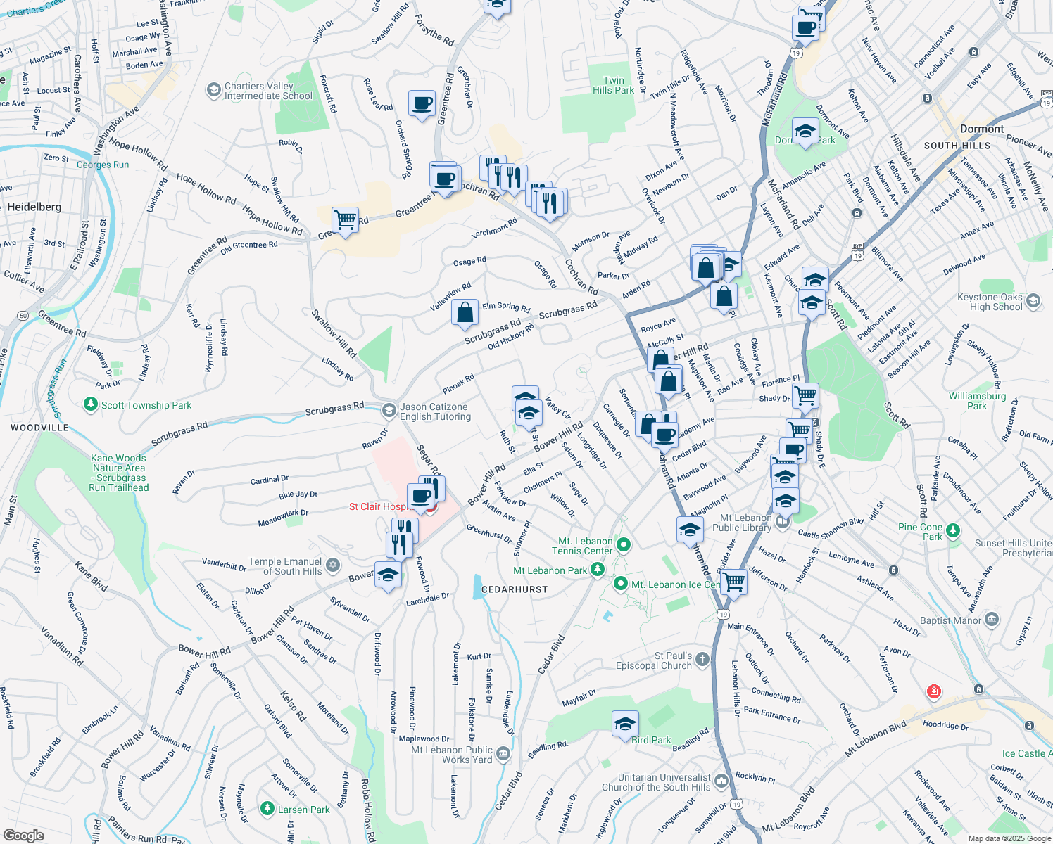 map of restaurants, bars, coffee shops, grocery stores, and more near 21 Moffett Street in Pittsburgh