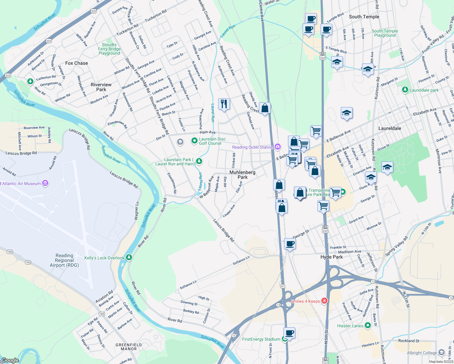 map of restaurants, bars, coffee shops, grocery stores, and more near 3031 Elm Rd in Reading