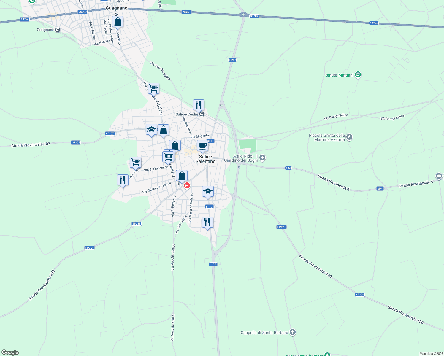 map of restaurants, bars, coffee shops, grocery stores, and more near 26 Via Alcide De Gasperi in Salice Salentino