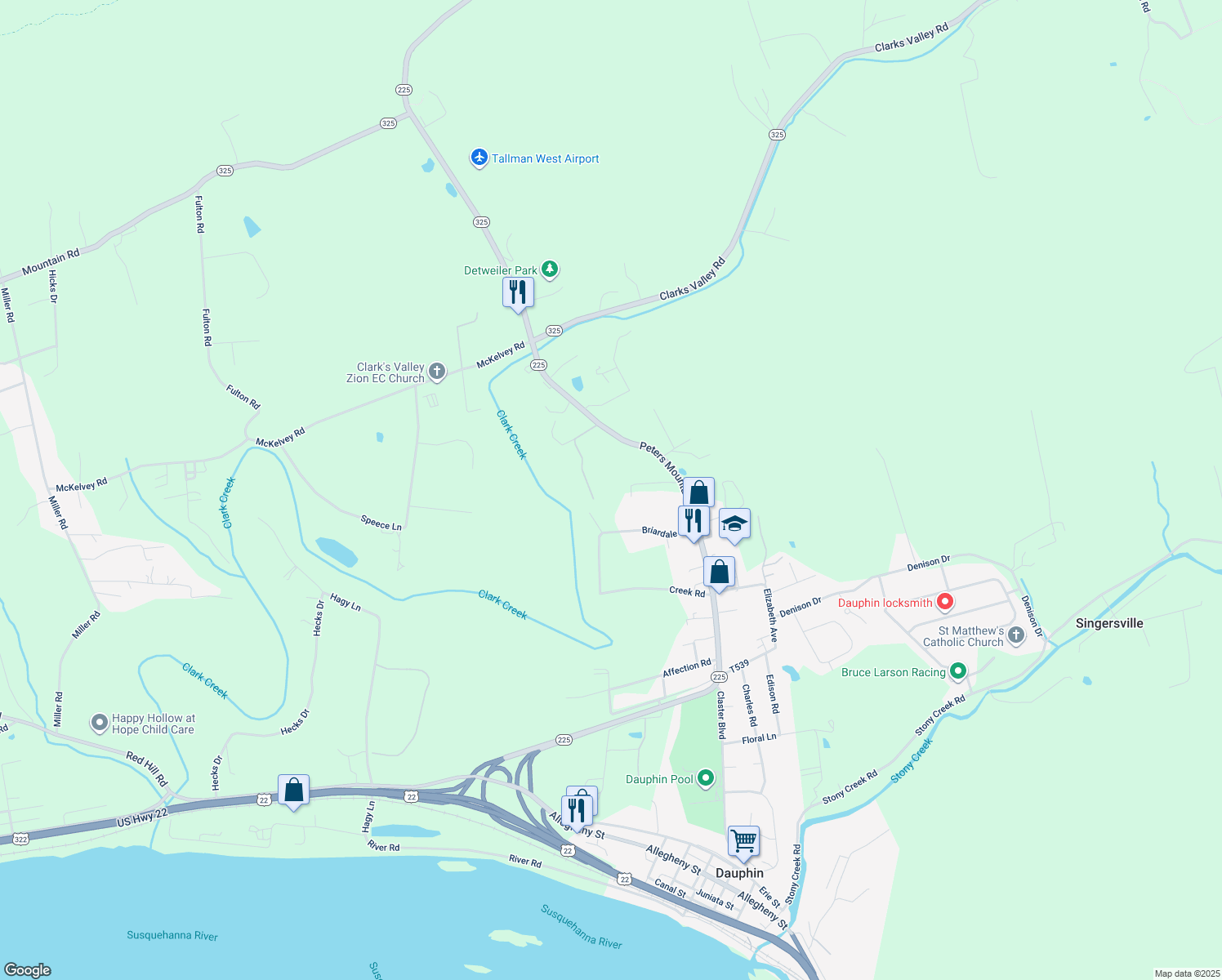 map of restaurants, bars, coffee shops, grocery stores, and more near 1060 Peters Mountain Rd in Dauphin