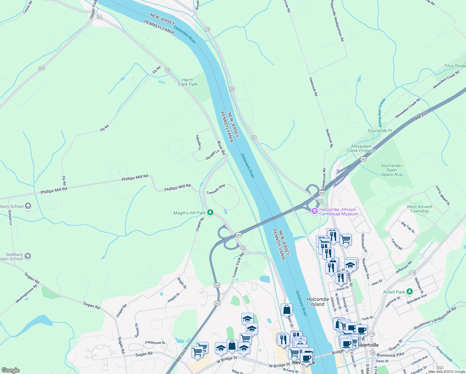 map of restaurants, bars, coffee shops, grocery stores, and more near 6 Towpath Way in New Hope