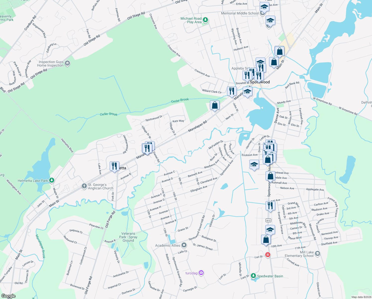 map of restaurants, bars, coffee shops, grocery stores, and more near 63 Outcalt Avenue in Spotswood