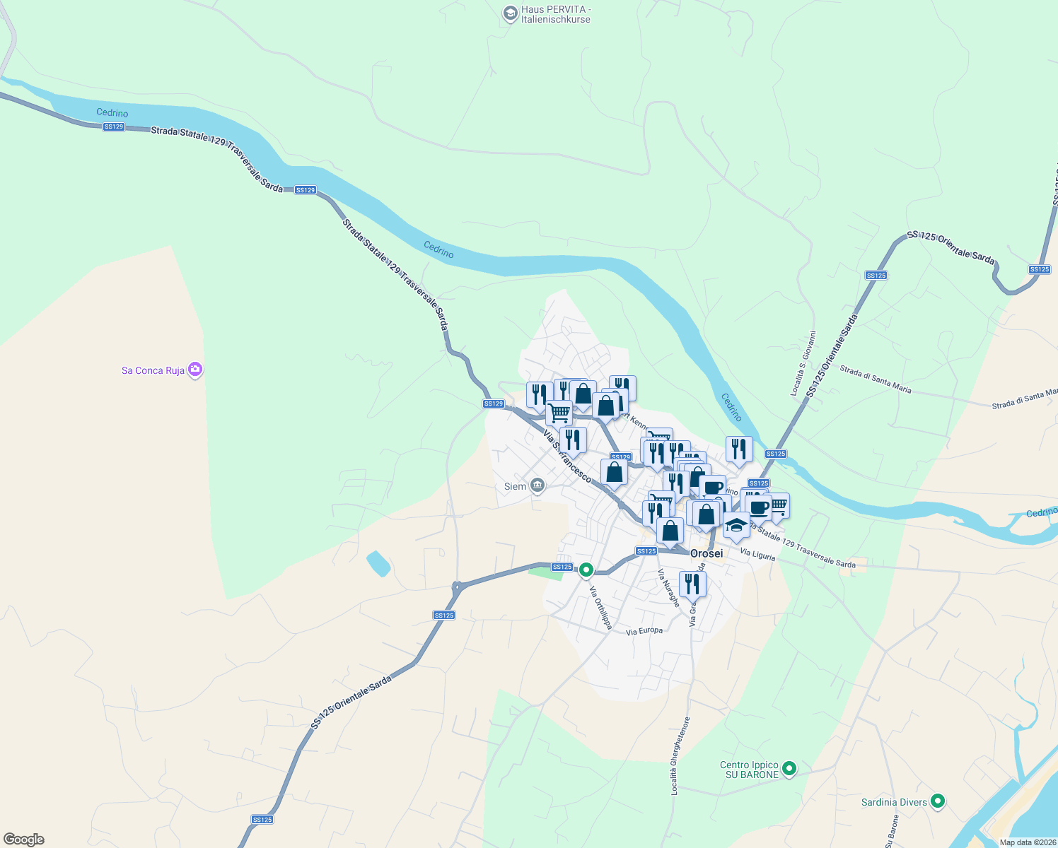 map of restaurants, bars, coffee shops, grocery stores, and more near 108 Via San Francesco in Orosei