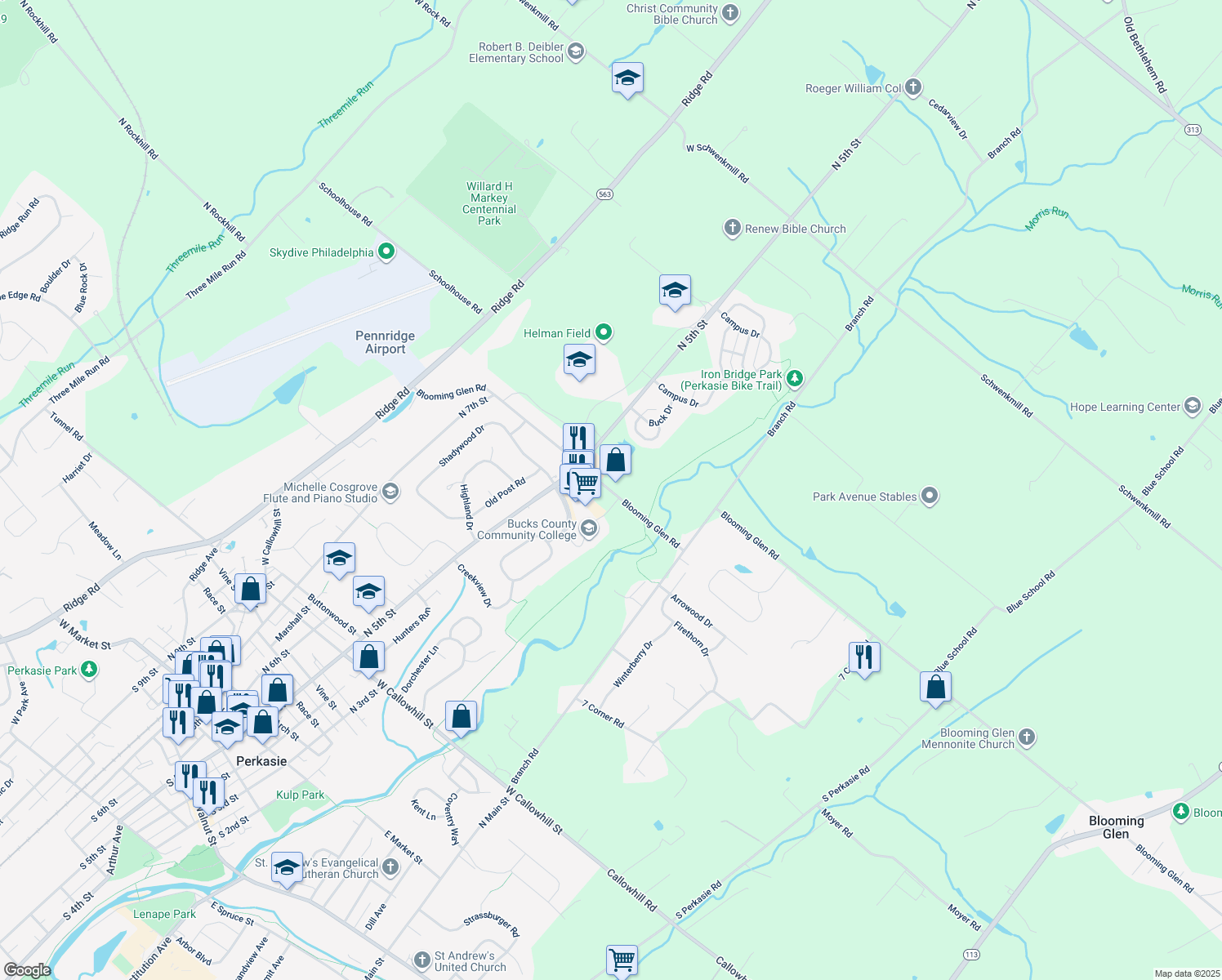 map of restaurants, bars, coffee shops, grocery stores, and more near 405 Blooming Glen Road in Perkasie