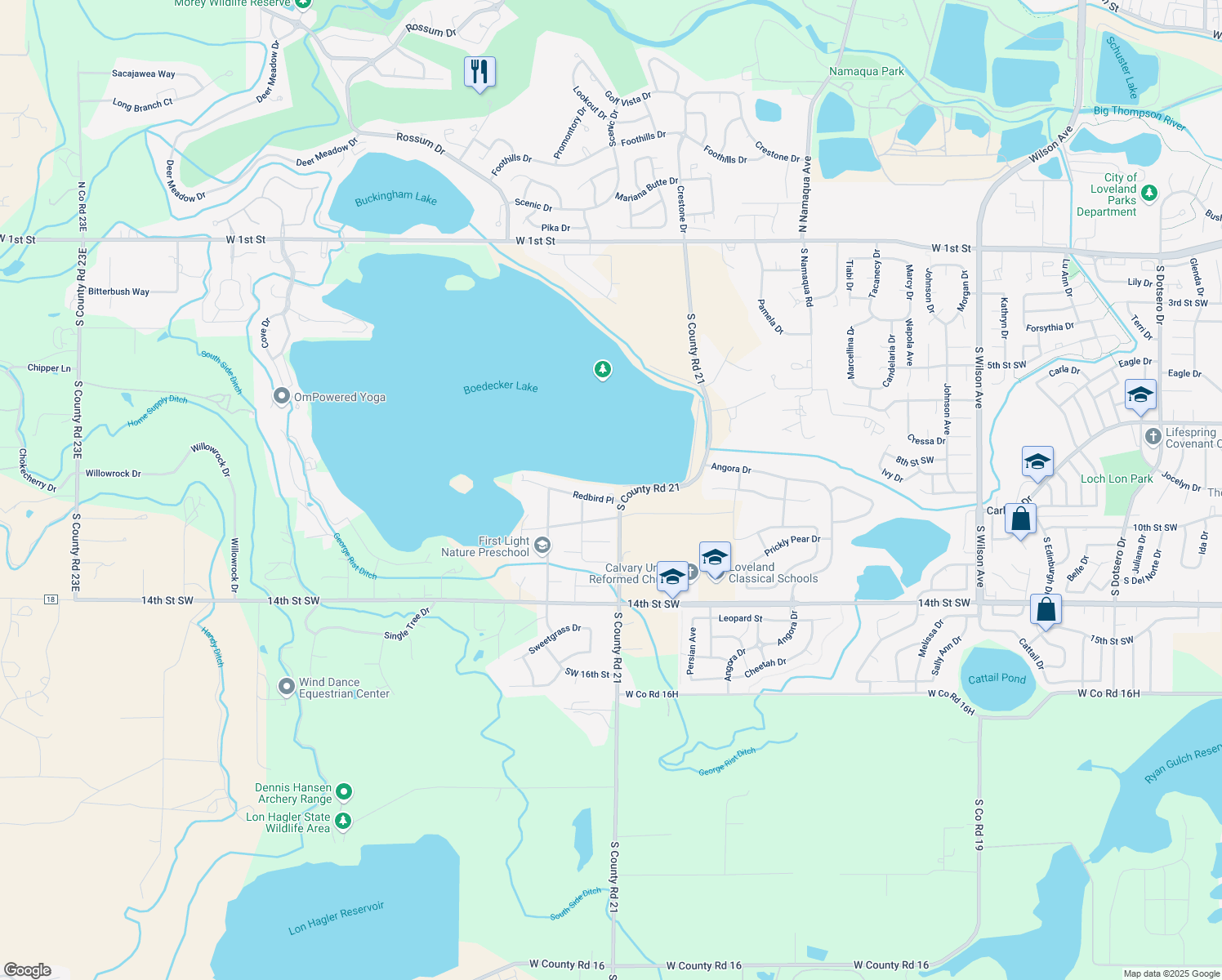 map of restaurants, bars, coffee shops, grocery stores, and more near 4101 Red Bird Place in Loveland