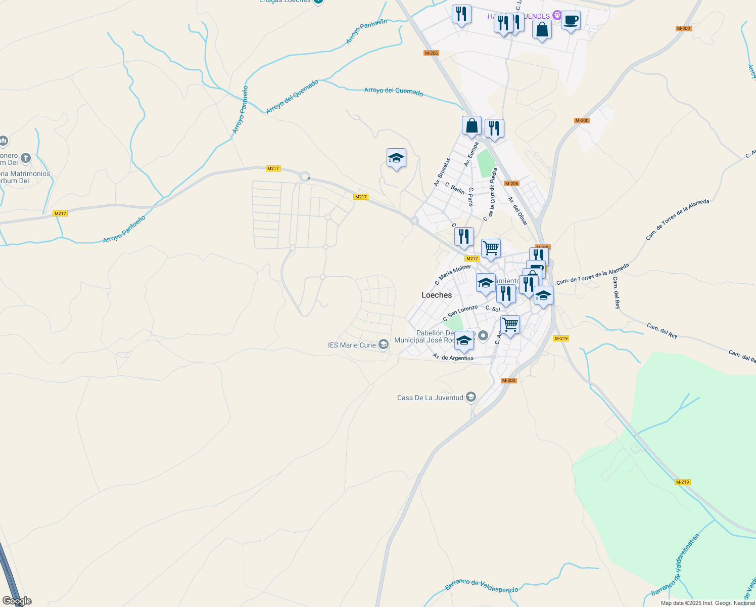 map of restaurants, bars, coffee shops, grocery stores, and more near 377R Calle Roma in Loeches