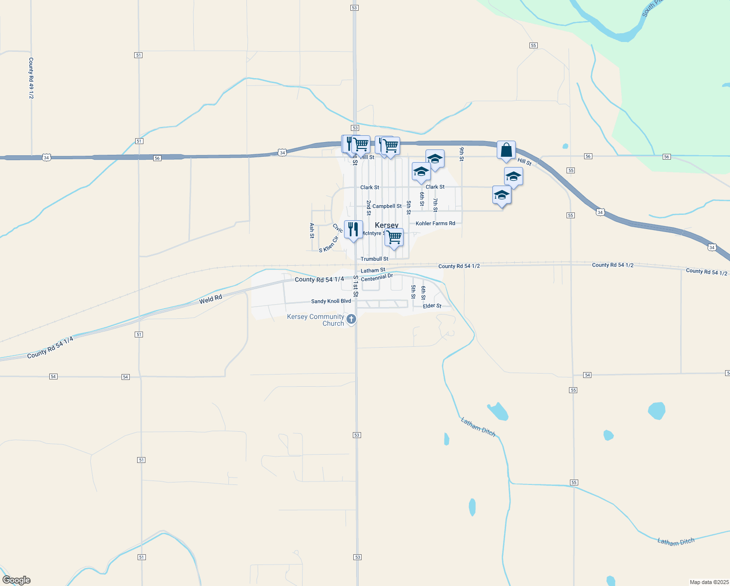 map of restaurants, bars, coffee shops, grocery stores, and more near 731 2nd Street Court in Kersey