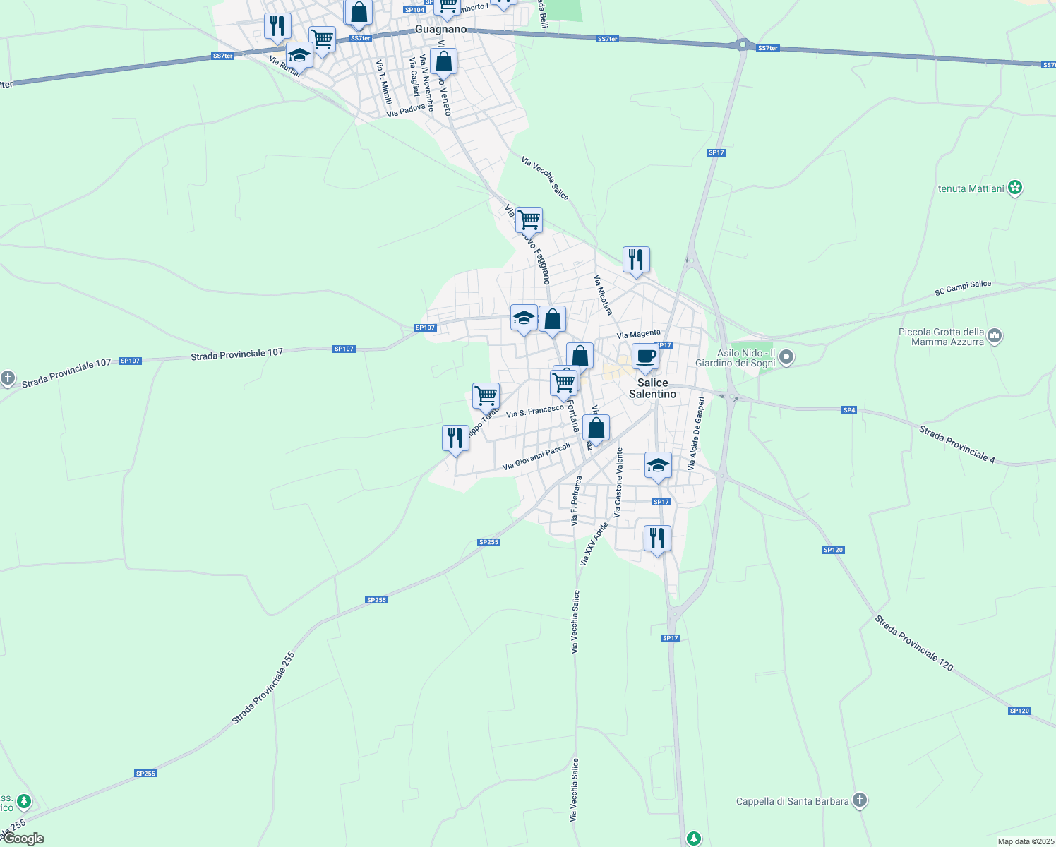 map of restaurants, bars, coffee shops, grocery stores, and more near 40 Via San Francesco in Salice Salentino