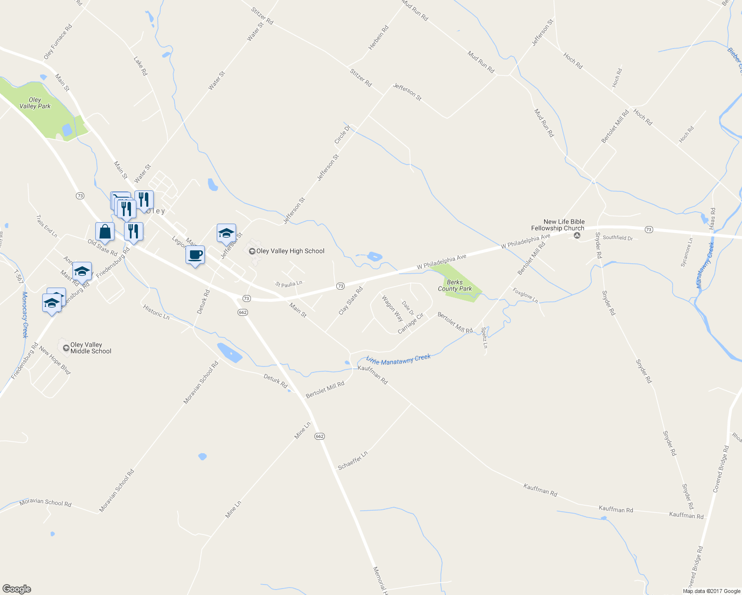 map of restaurants, bars, coffee shops, grocery stores, and more near 65 Carriage Circle in Oley