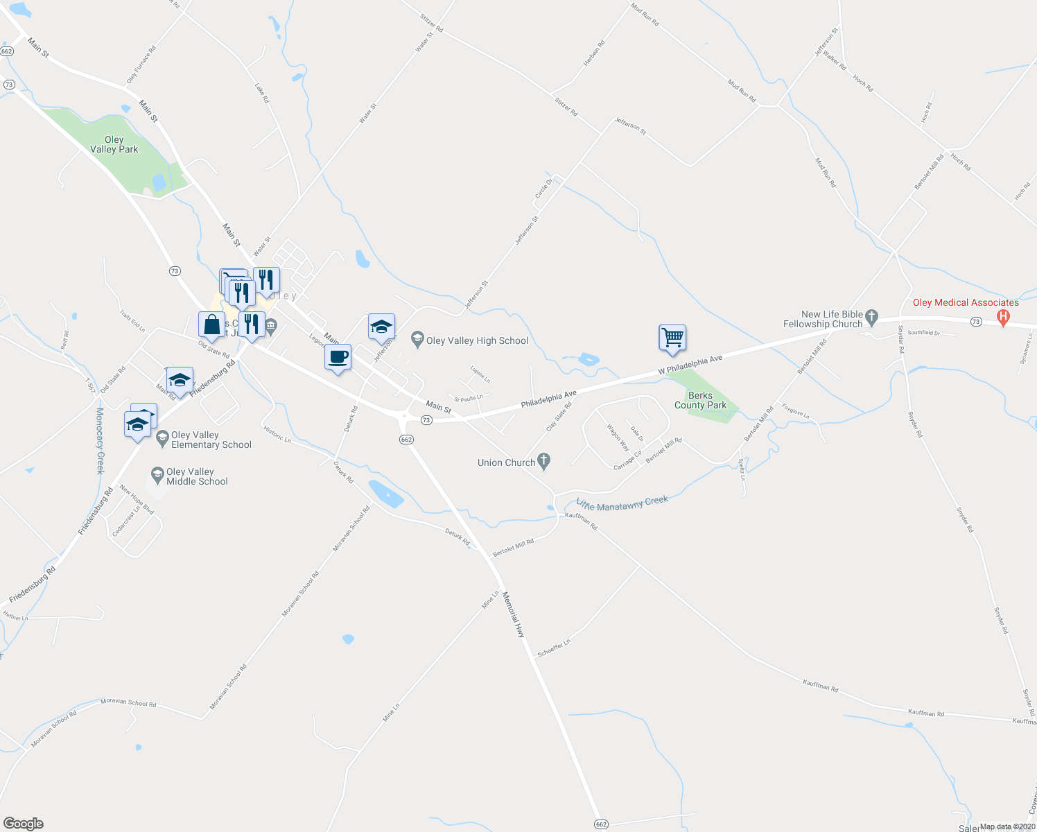 map of restaurants, bars, coffee shops, grocery stores, and more near 17 Cherry Lane in Oley
