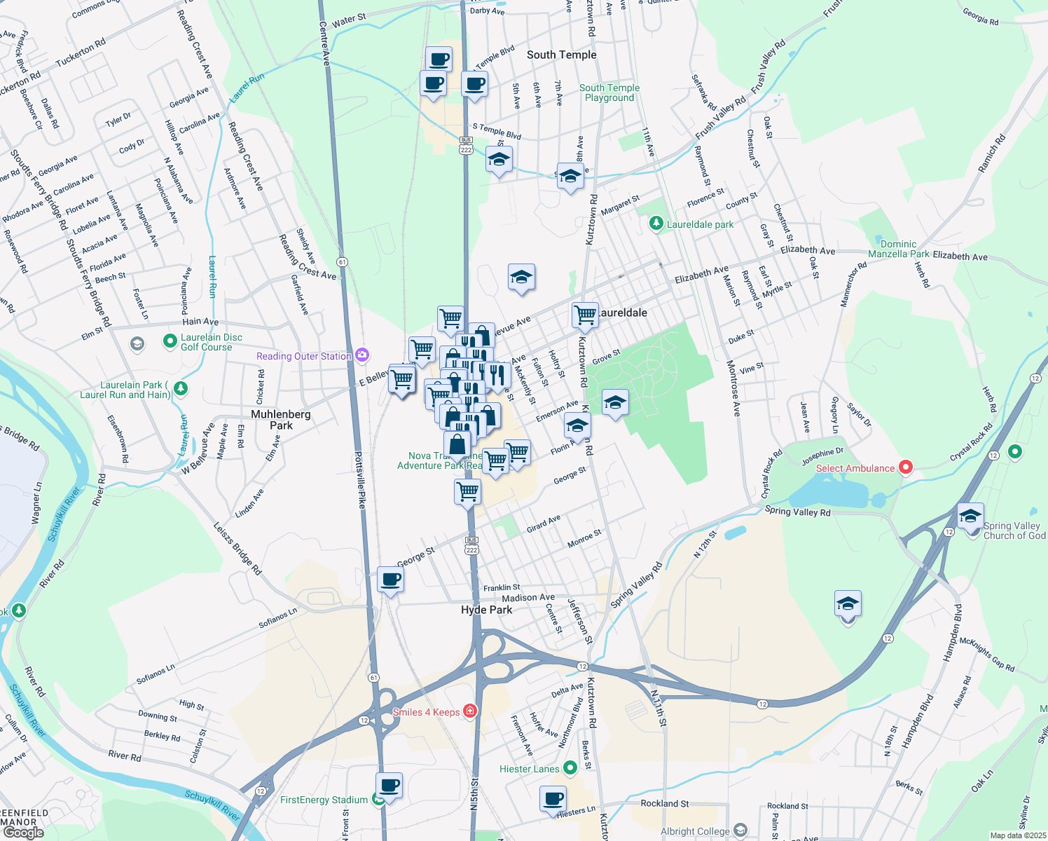 map of restaurants, bars, coffee shops, grocery stores, and more near 501 Emerson Avenue in Laureldale