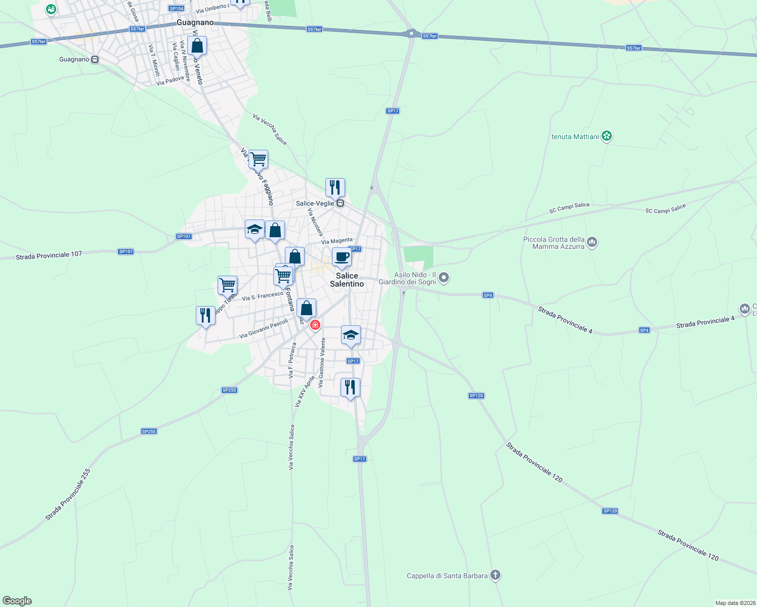 map of restaurants, bars, coffee shops, grocery stores, and more near 26 Via Alcide De Gasperi in Salice Salentino