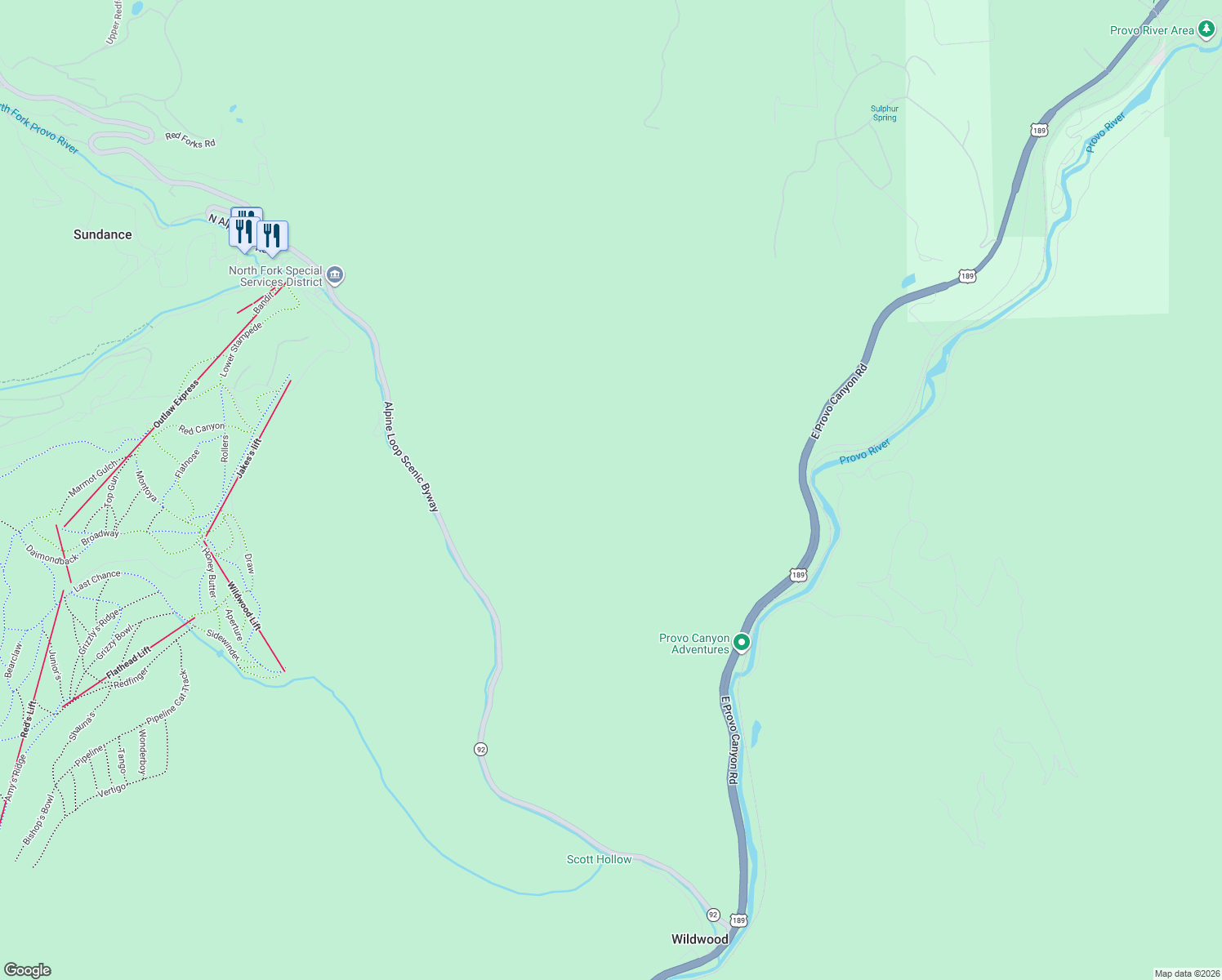 map of restaurants, bars, coffee shops, grocery stores, and more near Alpine Loop Scenic Byway in Provo