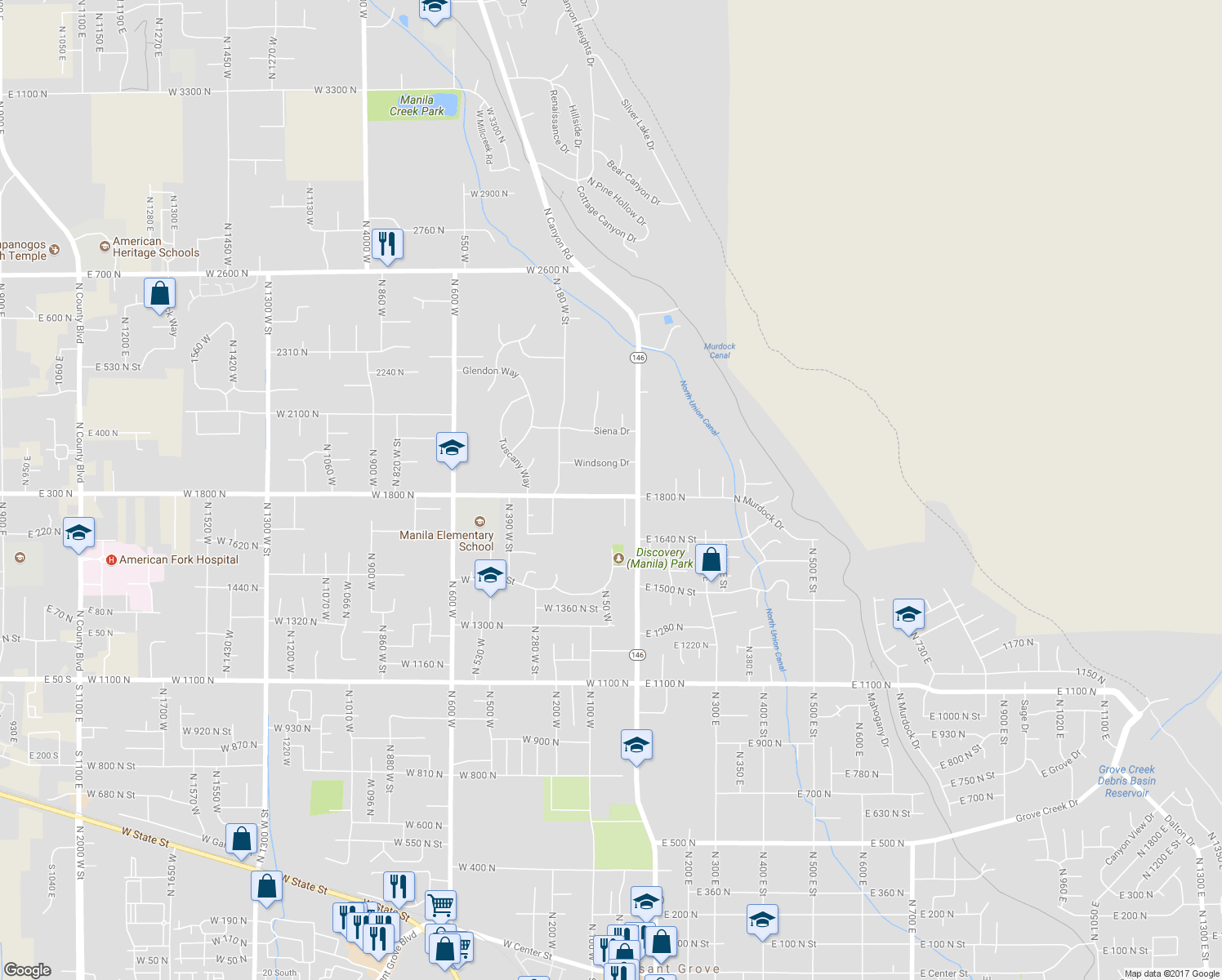 map of restaurants, bars, coffee shops, grocery stores, and more near 28 West 1800 North in Pleasant Grove