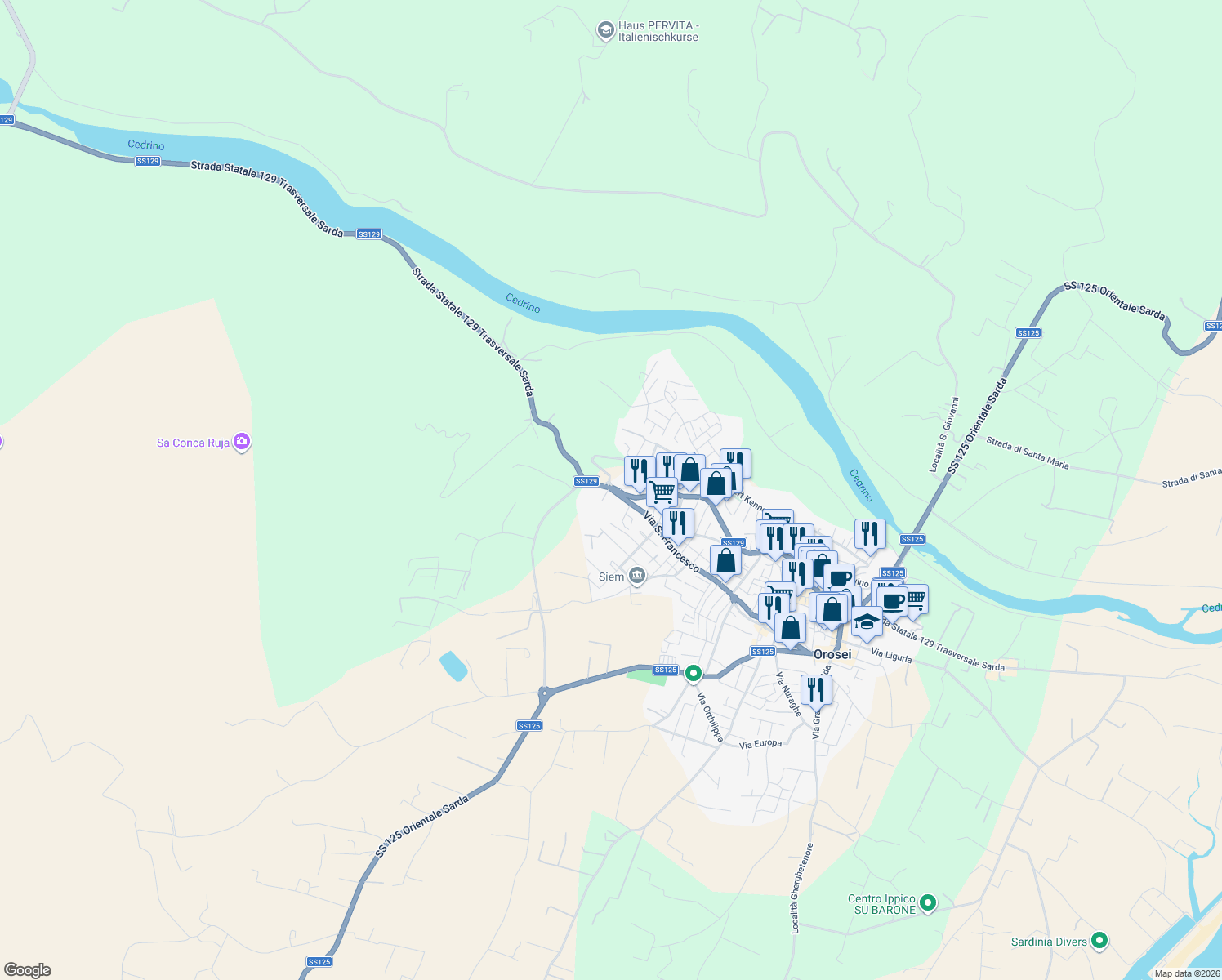 map of restaurants, bars, coffee shops, grocery stores, and more near 108 Via San Francesco in Orosei