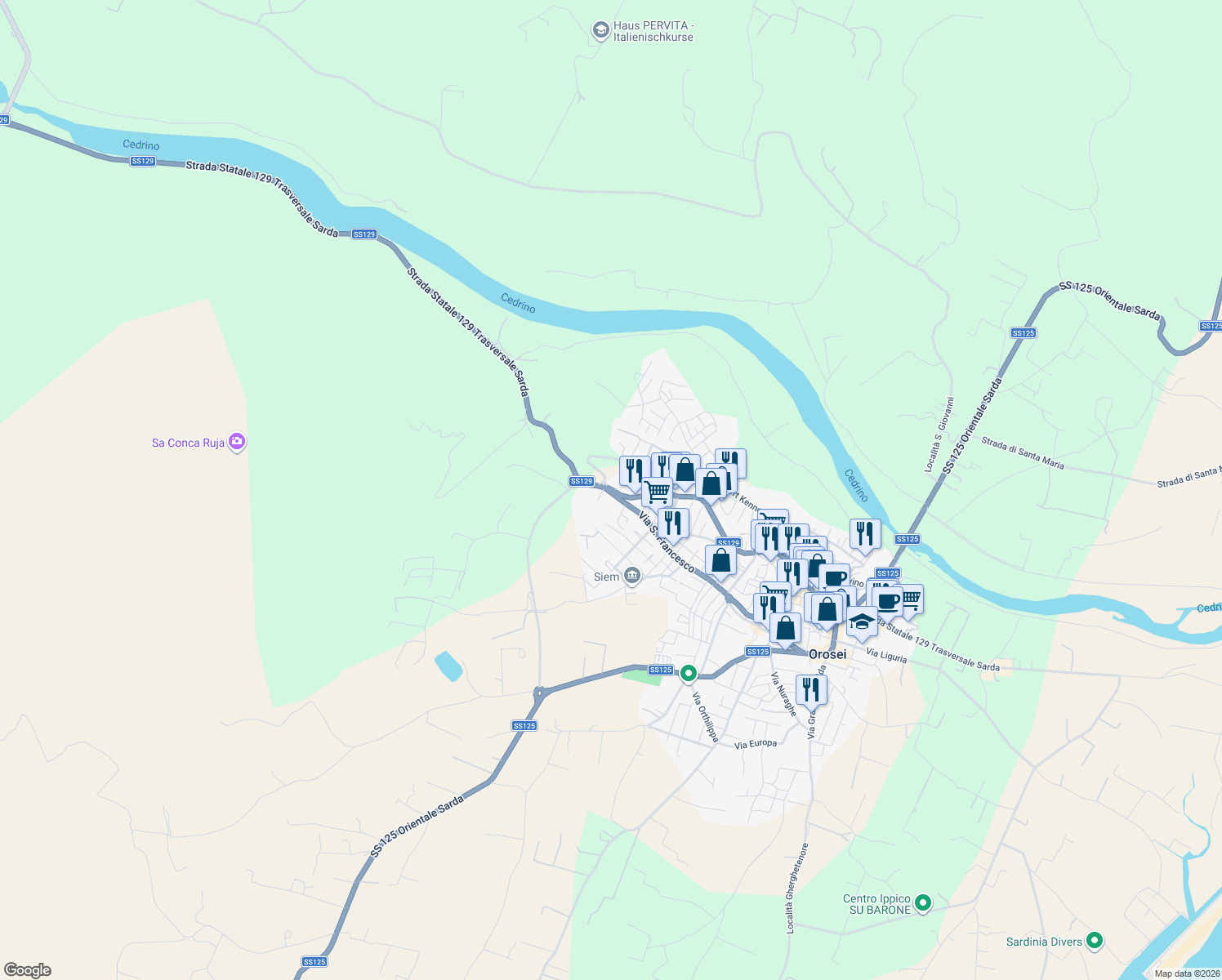 map of restaurants, bars, coffee shops, grocery stores, and more near 108 Via San Francesco in Orosei