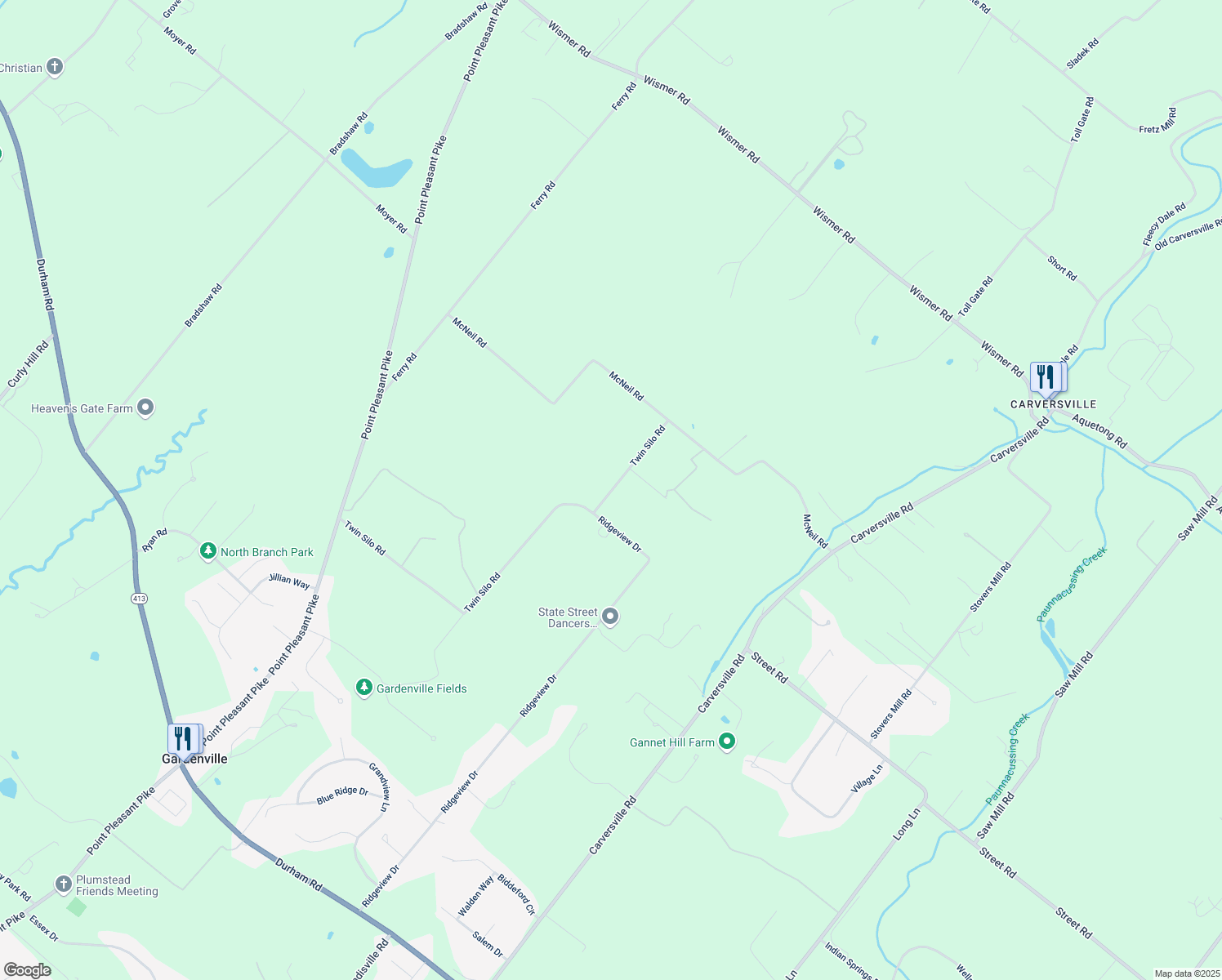 map of restaurants, bars, coffee shops, grocery stores, and more near 5949 Twin Silo Road in Doylestown