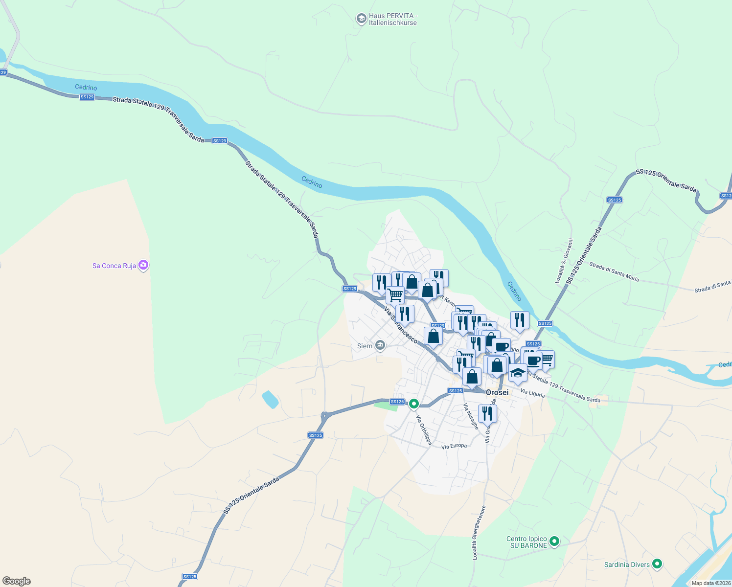 map of restaurants, bars, coffee shops, grocery stores, and more near 108 Via San Francesco in Orosei