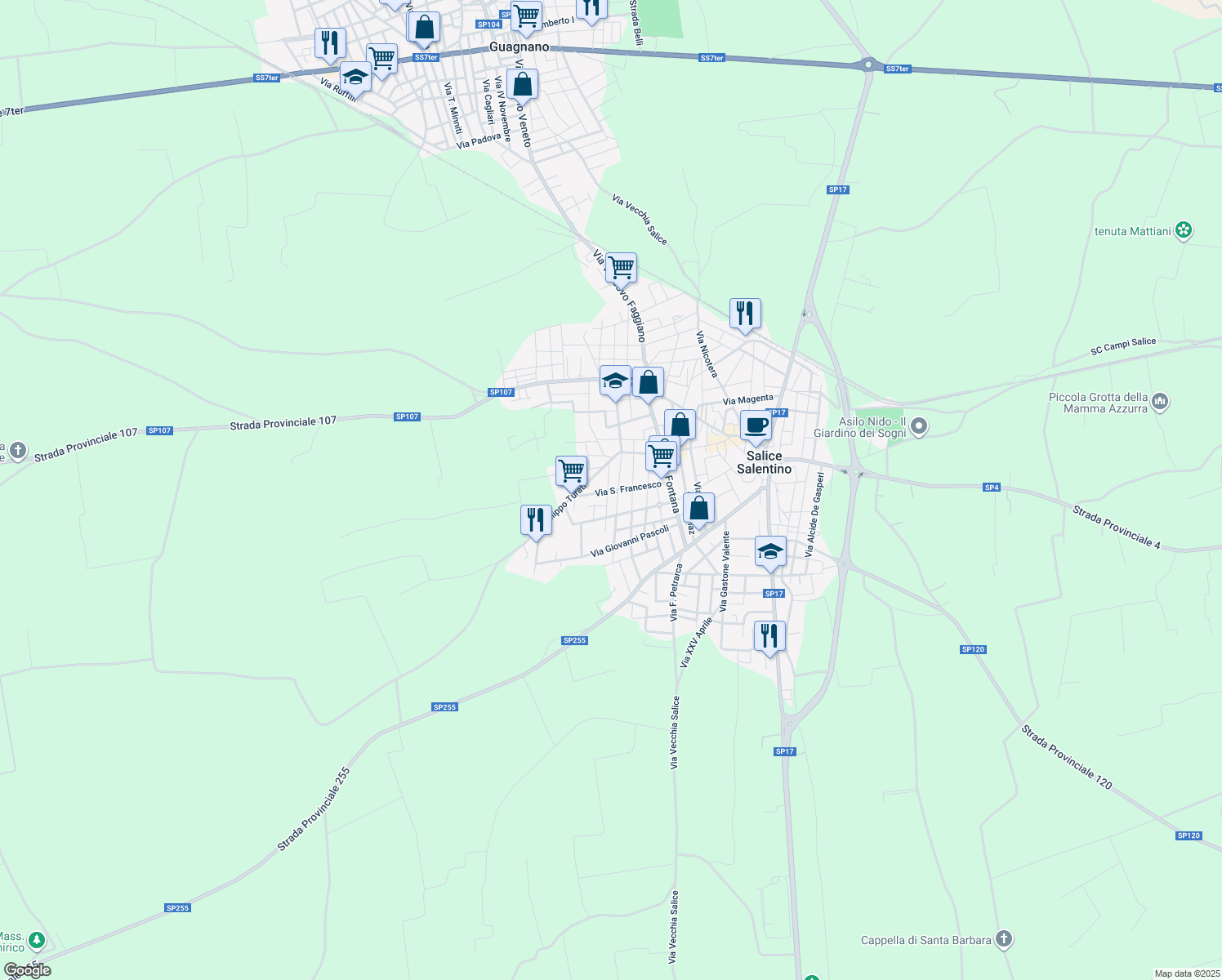 map of restaurants, bars, coffee shops, grocery stores, and more near 40 Via San Francesco in Salice Salentino