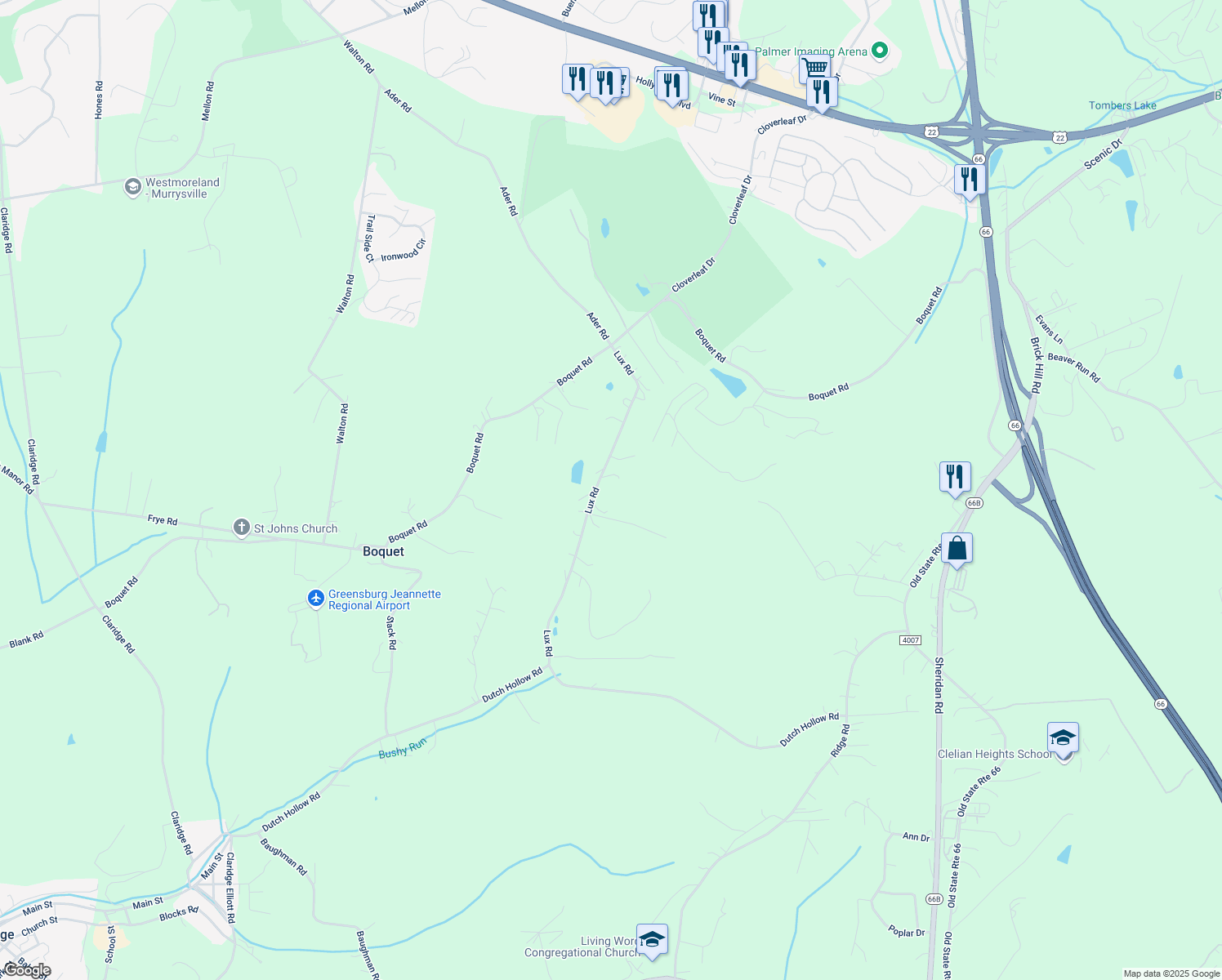 map of restaurants, bars, coffee shops, grocery stores, and more near 1051 Lux Road in Jeannette