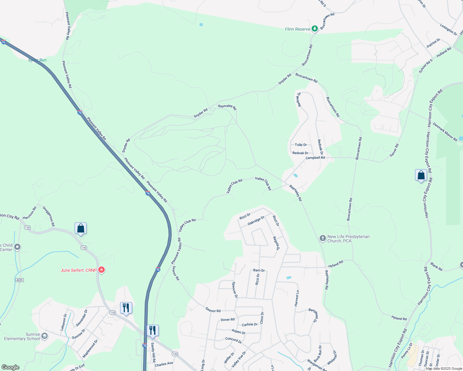 map of restaurants, bars, coffee shops, grocery stores, and more near 1100 Valley Club Road in Irwin