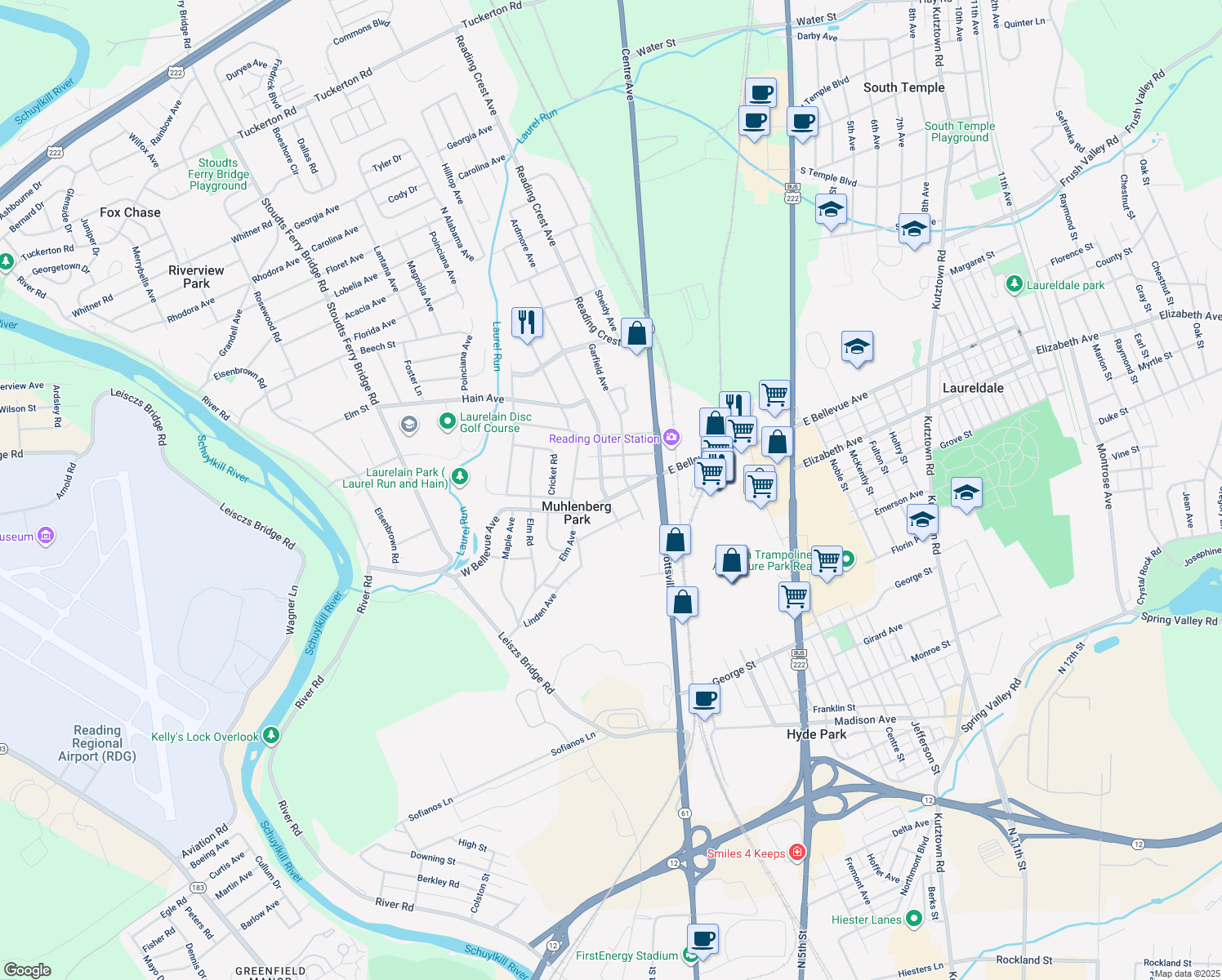 map of restaurants, bars, coffee shops, grocery stores, and more near 213 West Bellevue Avenue in Reading