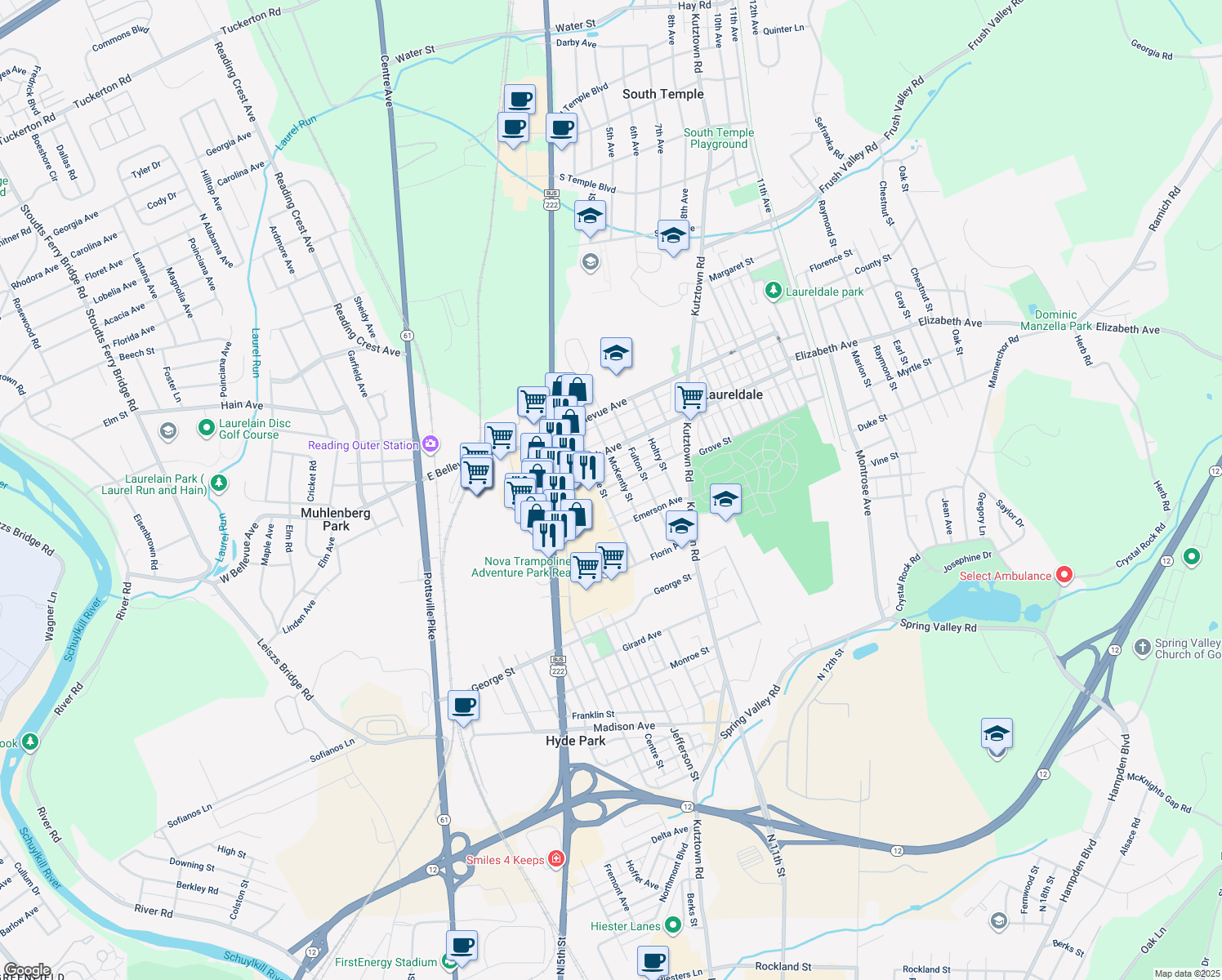 map of restaurants, bars, coffee shops, grocery stores, and more near 504 Belmont Avenue in Laureldale