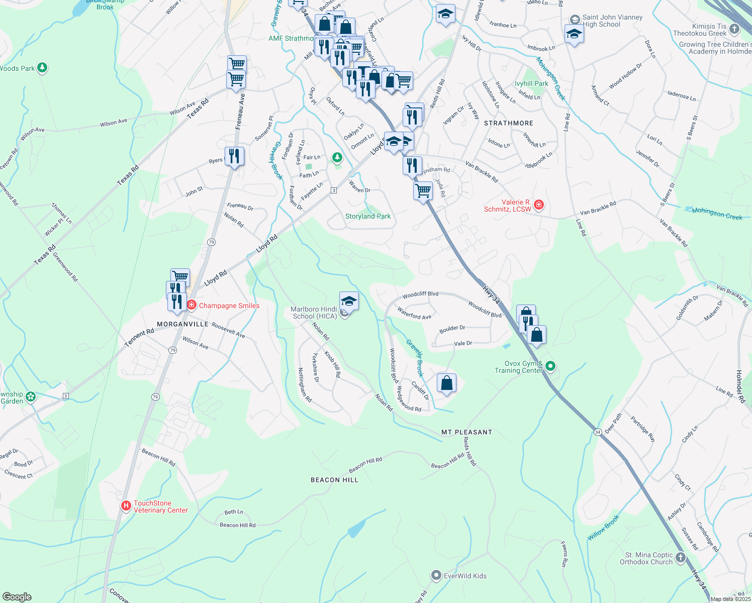 map of restaurants, bars, coffee shops, grocery stores, and more near 409 New Castle Court in Marlboro