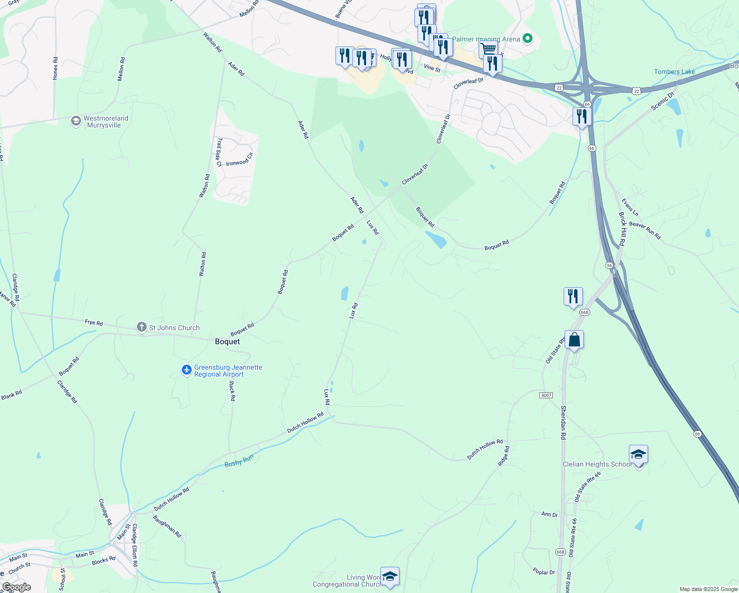 map of restaurants, bars, coffee shops, grocery stores, and more near 1051 Lux Rd in Jeannette