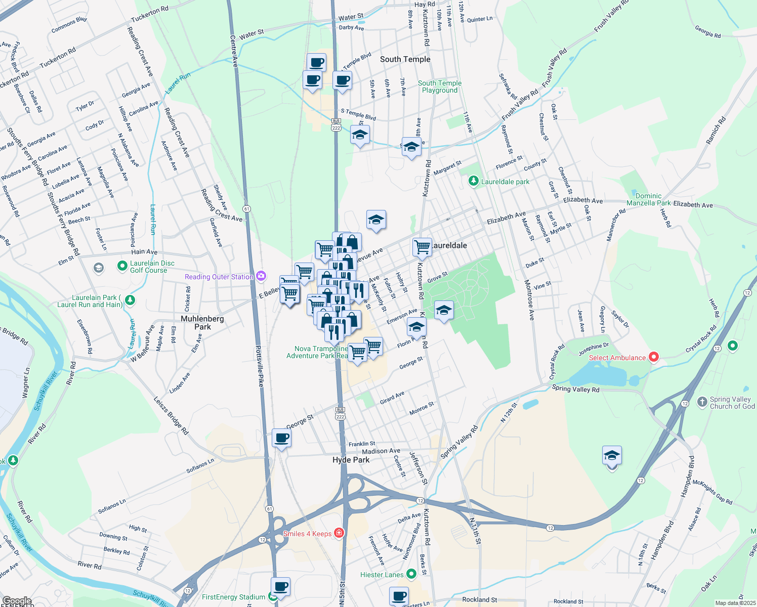 map of restaurants, bars, coffee shops, grocery stores, and more near 512 Belmont Avenue in Laureldale