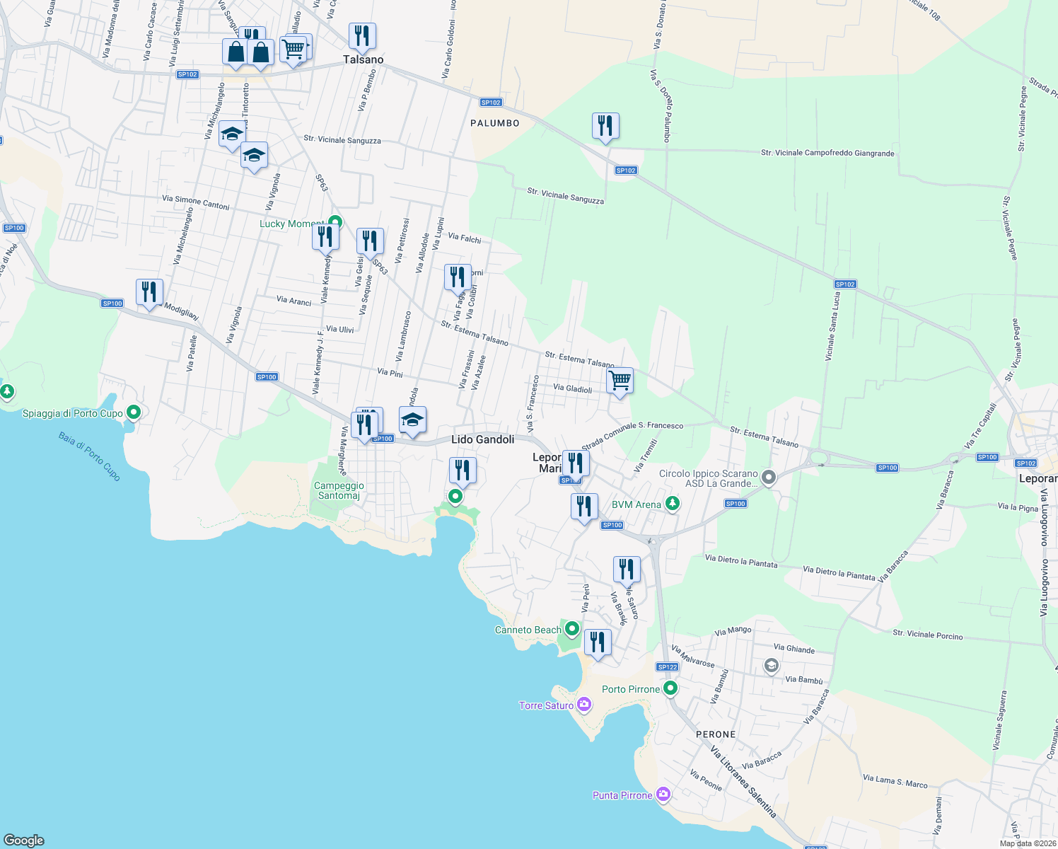 map of restaurants, bars, coffee shops, grocery stores, and more near 5 Via San Francesco in Leporano Marina