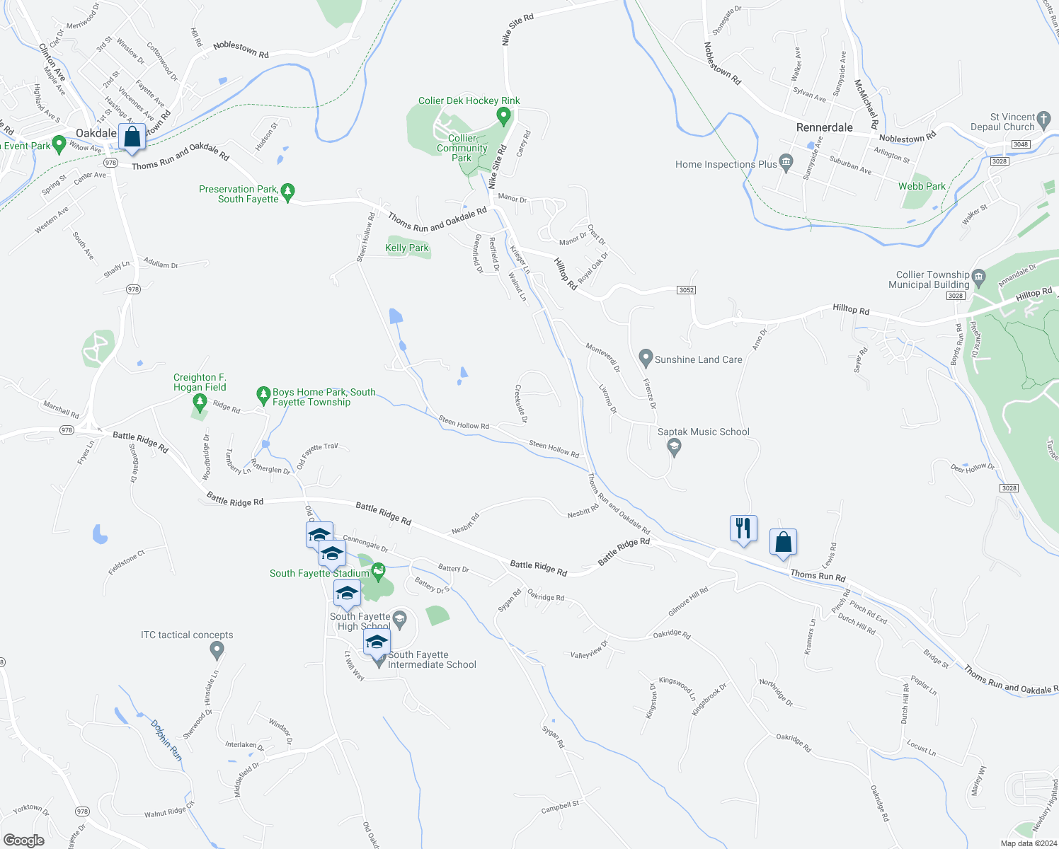 map of restaurants, bars, coffee shops, grocery stores, and more near 231 Steen Hollow Road in Oakdale