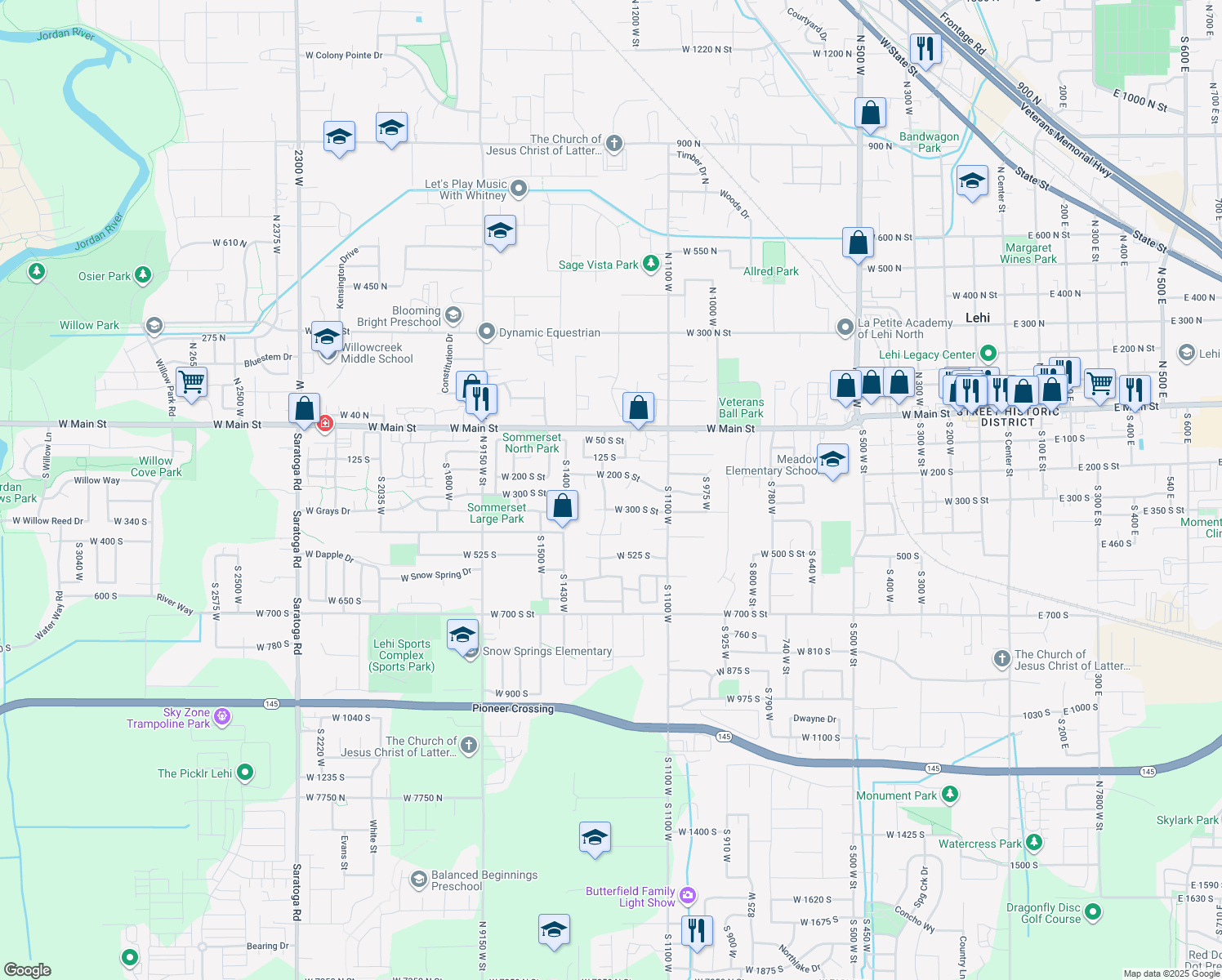 map of restaurants, bars, coffee shops, grocery stores, and more near 265 South 1300 West in Lehi