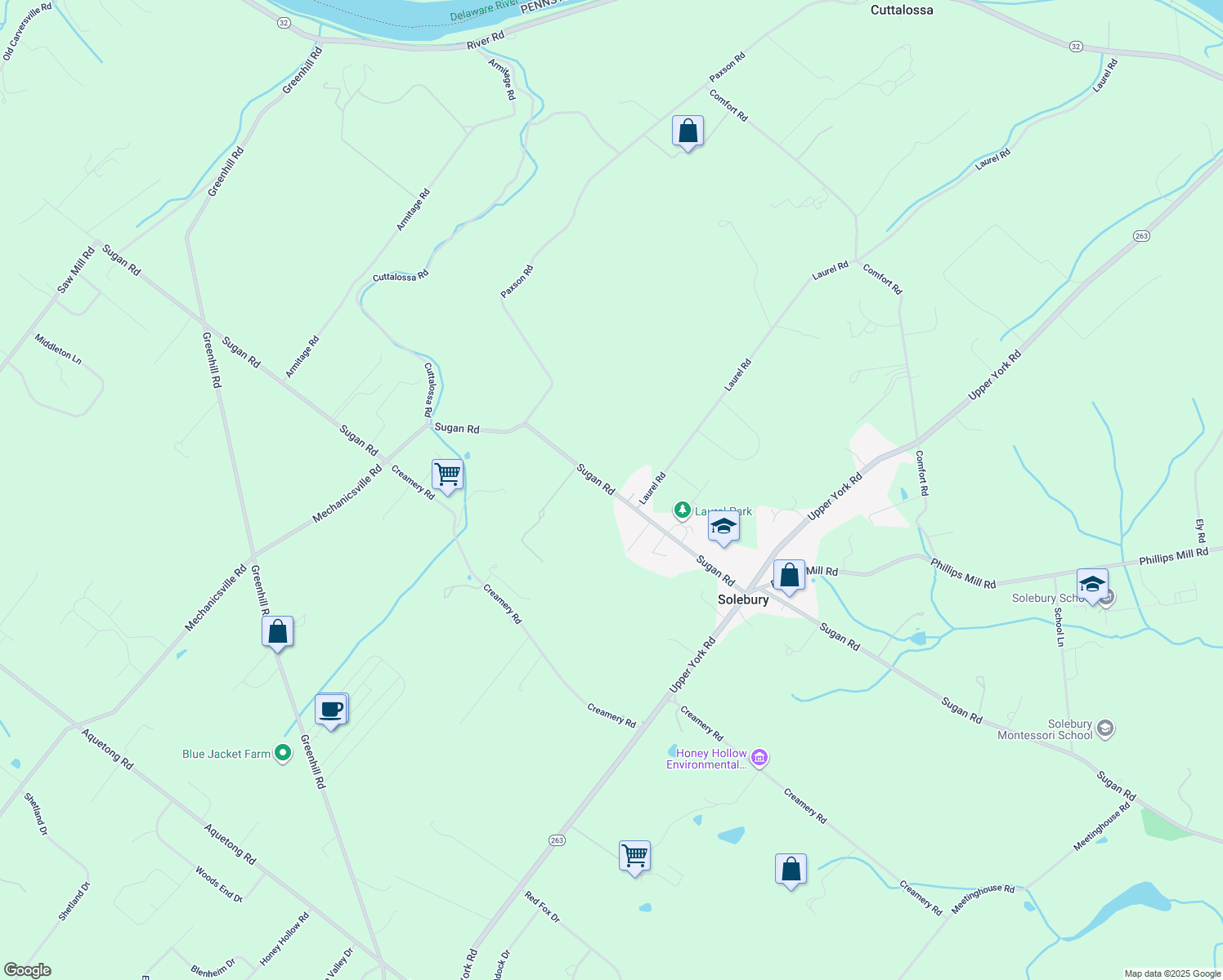 map of restaurants, bars, coffee shops, grocery stores, and more near 3322 North Sugan Road in New Hope
