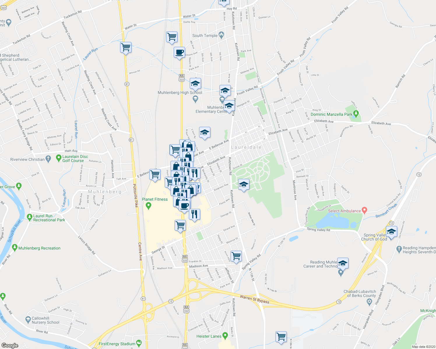 map of restaurants, bars, coffee shops, grocery stores, and more near 738 Belmont Avenue in Laureldale