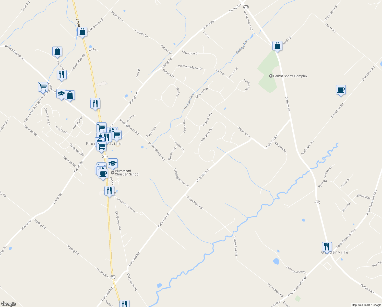 map of restaurants, bars, coffee shops, grocery stores, and more near 5617 Sagamore Court in Doylestown