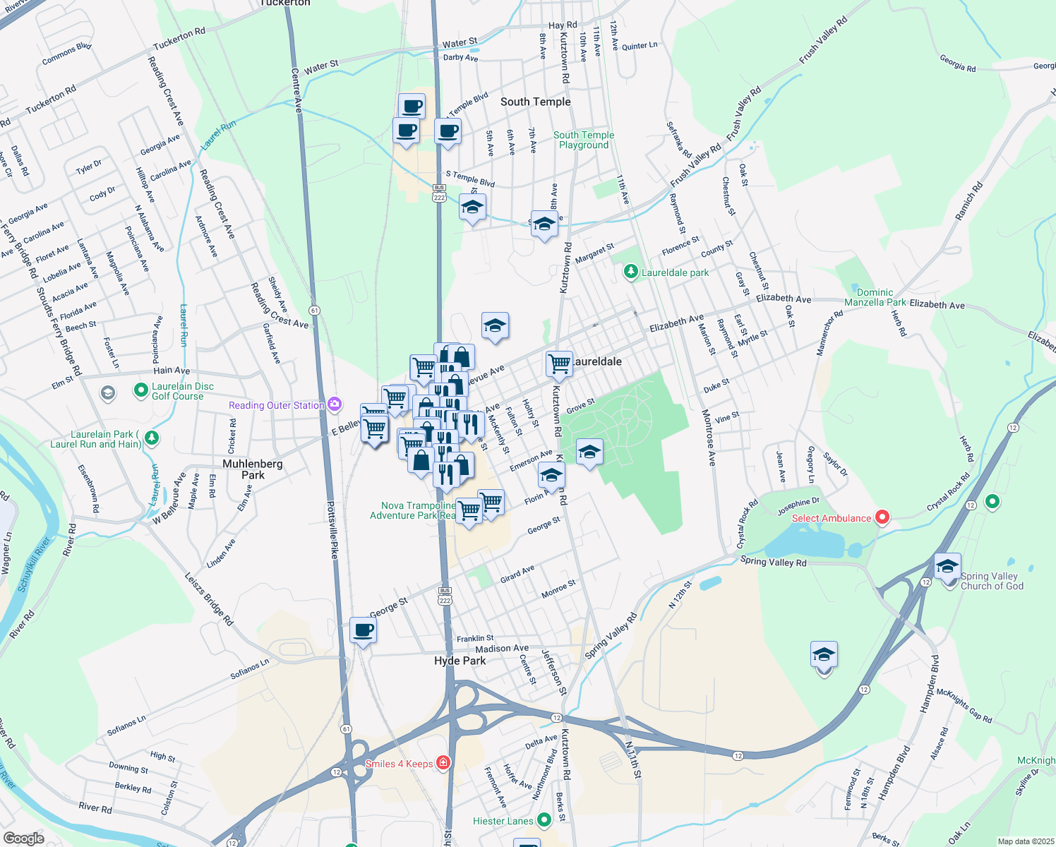 map of restaurants, bars, coffee shops, grocery stores, and more near 740 Belmont Avenue in Reading