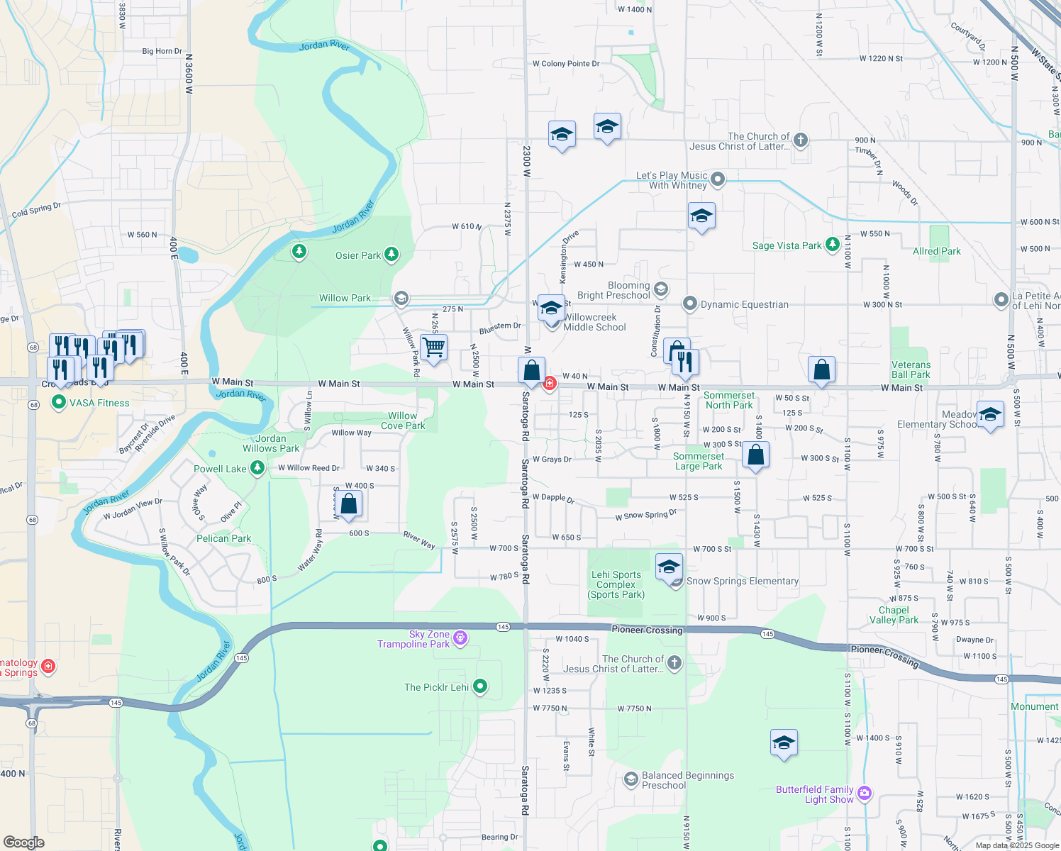 map of restaurants, bars, coffee shops, grocery stores, and more near 180 Tamarak Circle in Lehi