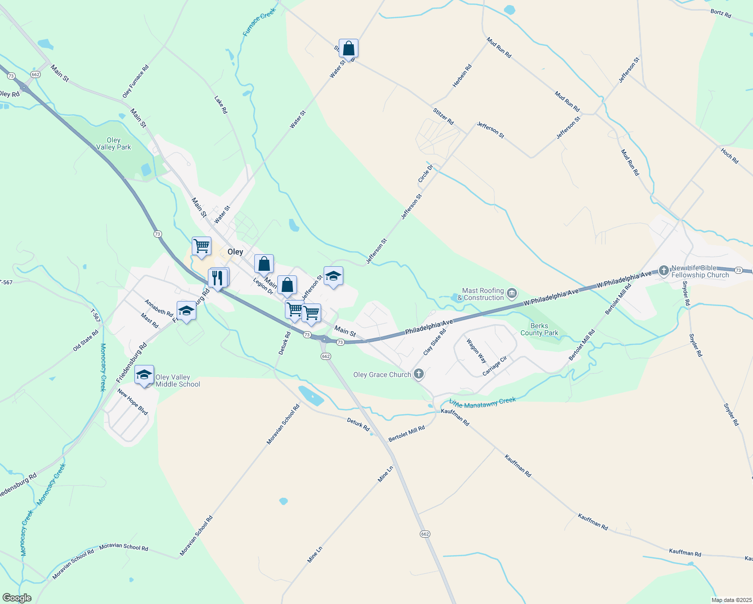 map of restaurants, bars, coffee shops, grocery stores, and more near 1 Lupine Lane in Oley