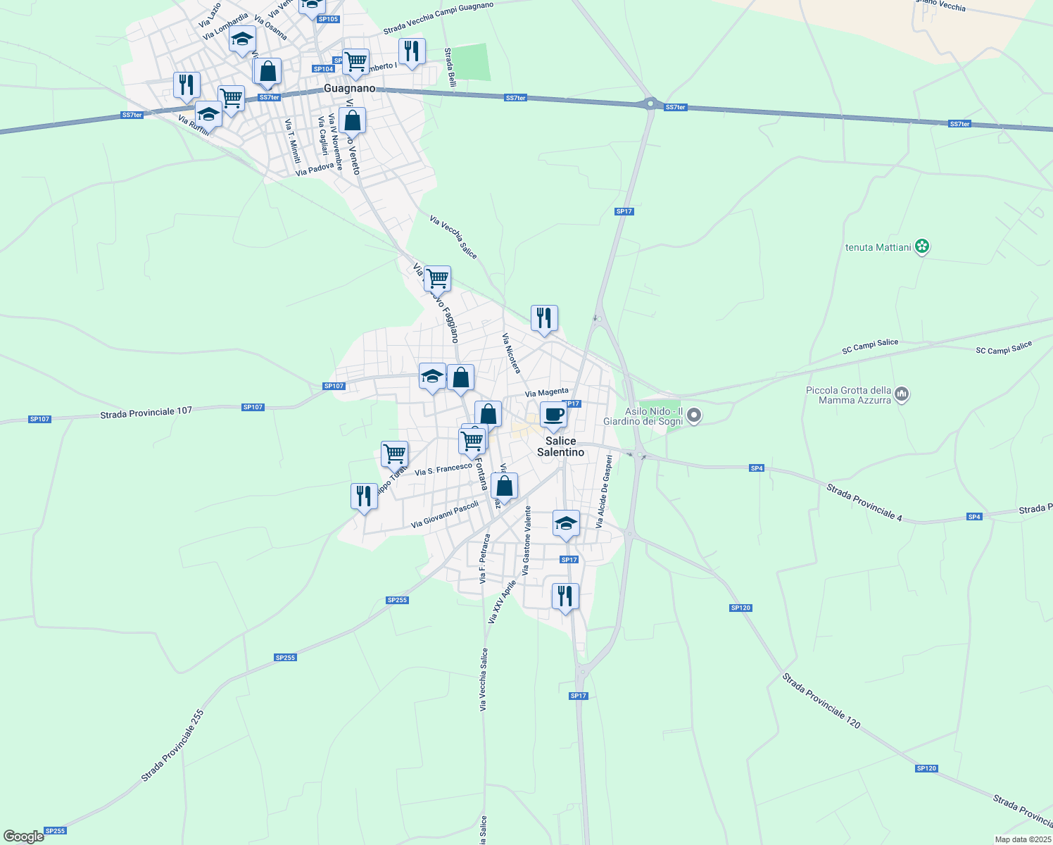 map of restaurants, bars, coffee shops, grocery stores, and more near 7 Via Madonna della Visitazione in Salice Salentino