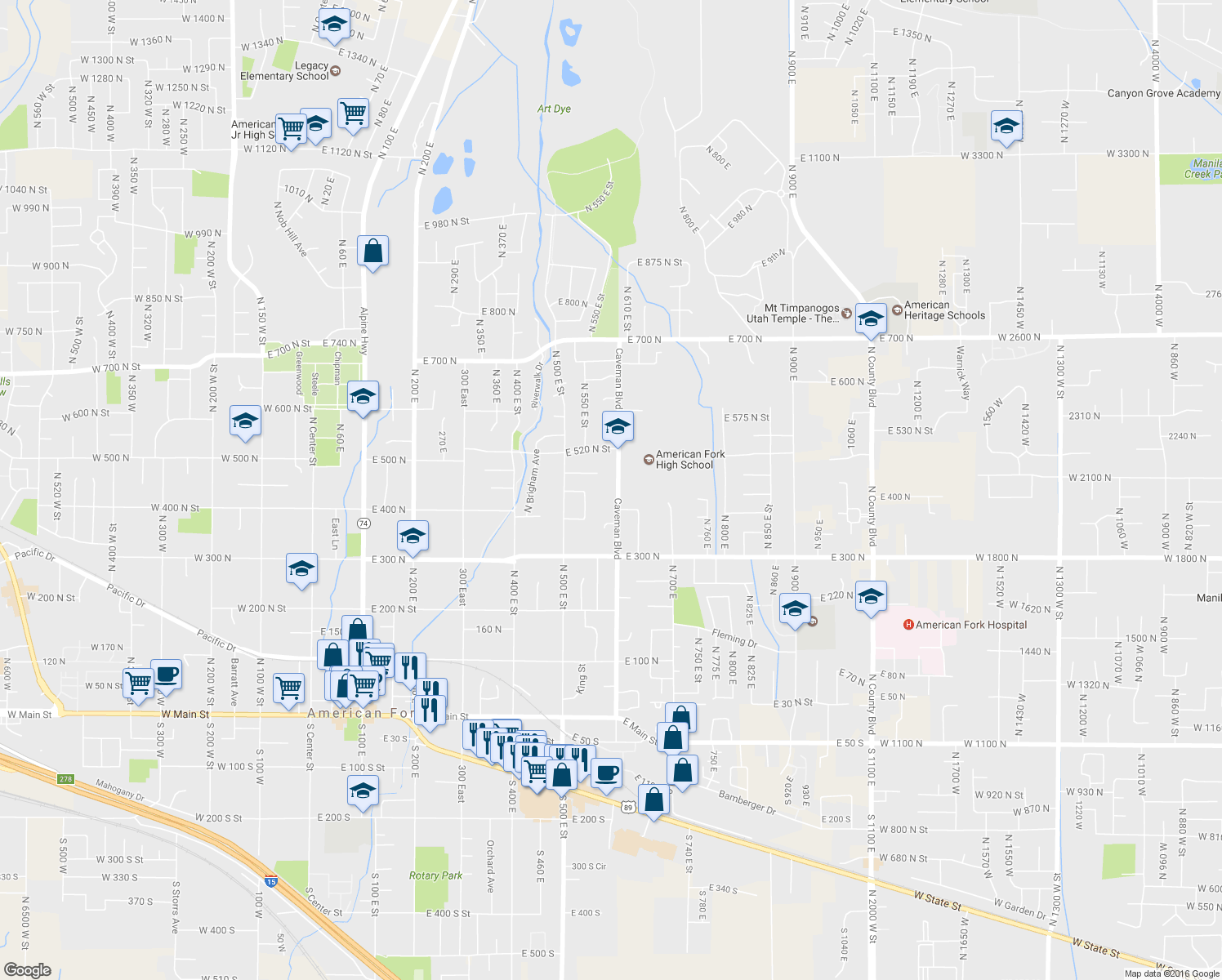 map of restaurants, bars, coffee shops, grocery stores, and more near 443 Caveman Boulevard in American Fork