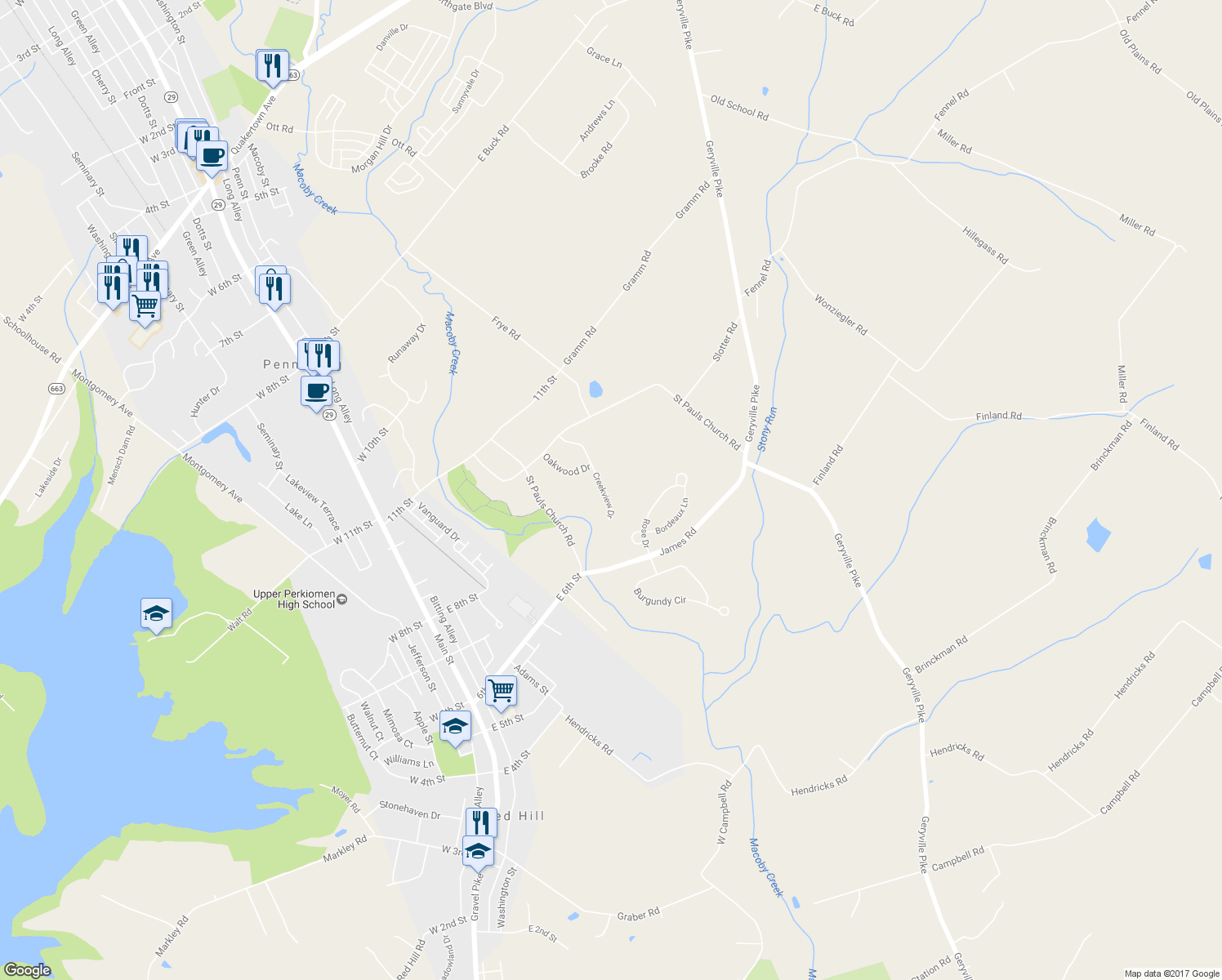 map of restaurants, bars, coffee shops, grocery stores, and more near 1013 Creekview Dr in Pennsburg