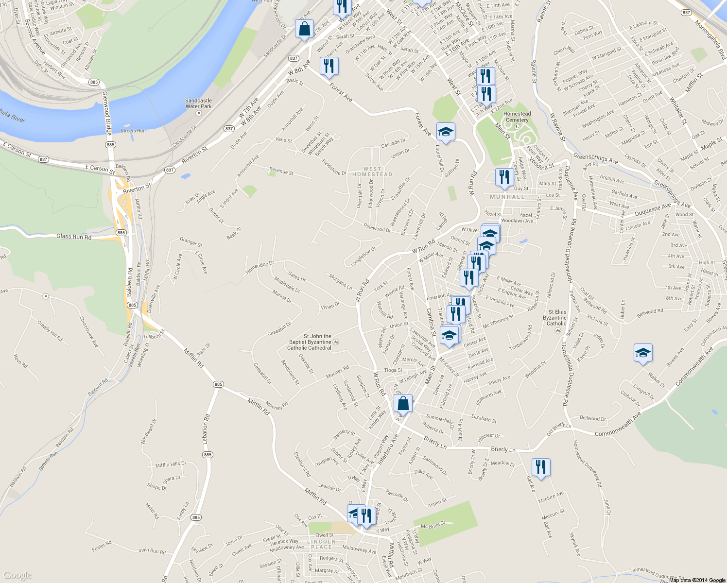 map of restaurants, bars, coffee shops, grocery stores, and more near 3539 W Run Rd in Homestead