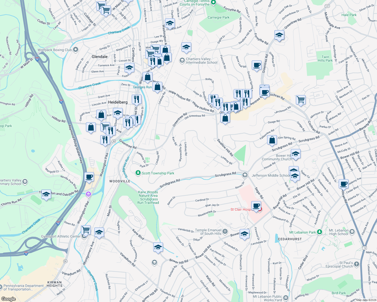 map of restaurants, bars, coffee shops, grocery stores, and more near 734 Lindsay Rd in Carnegie