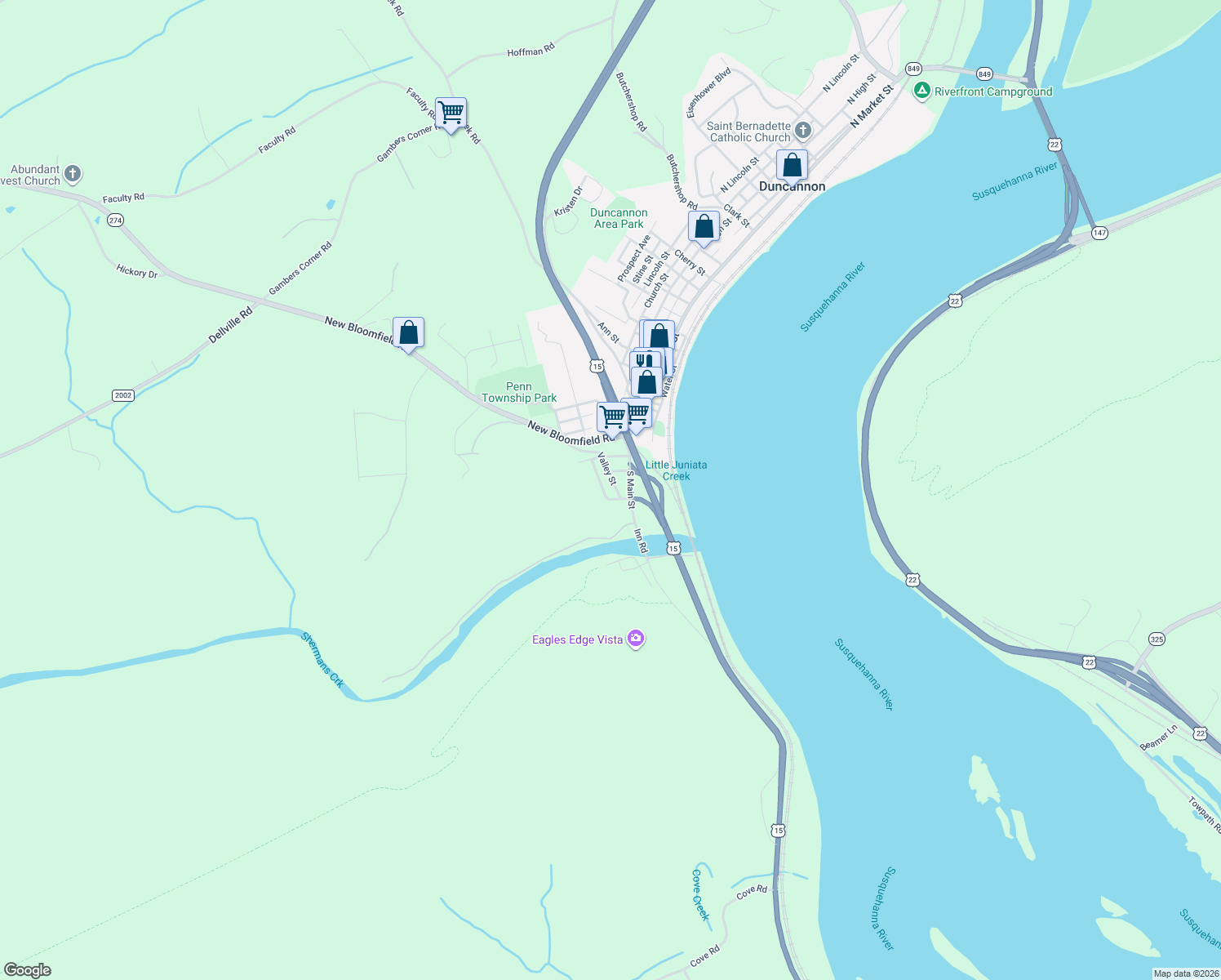 map of restaurants, bars, coffee shops, grocery stores, and more near 35 Valley St in Duncannon