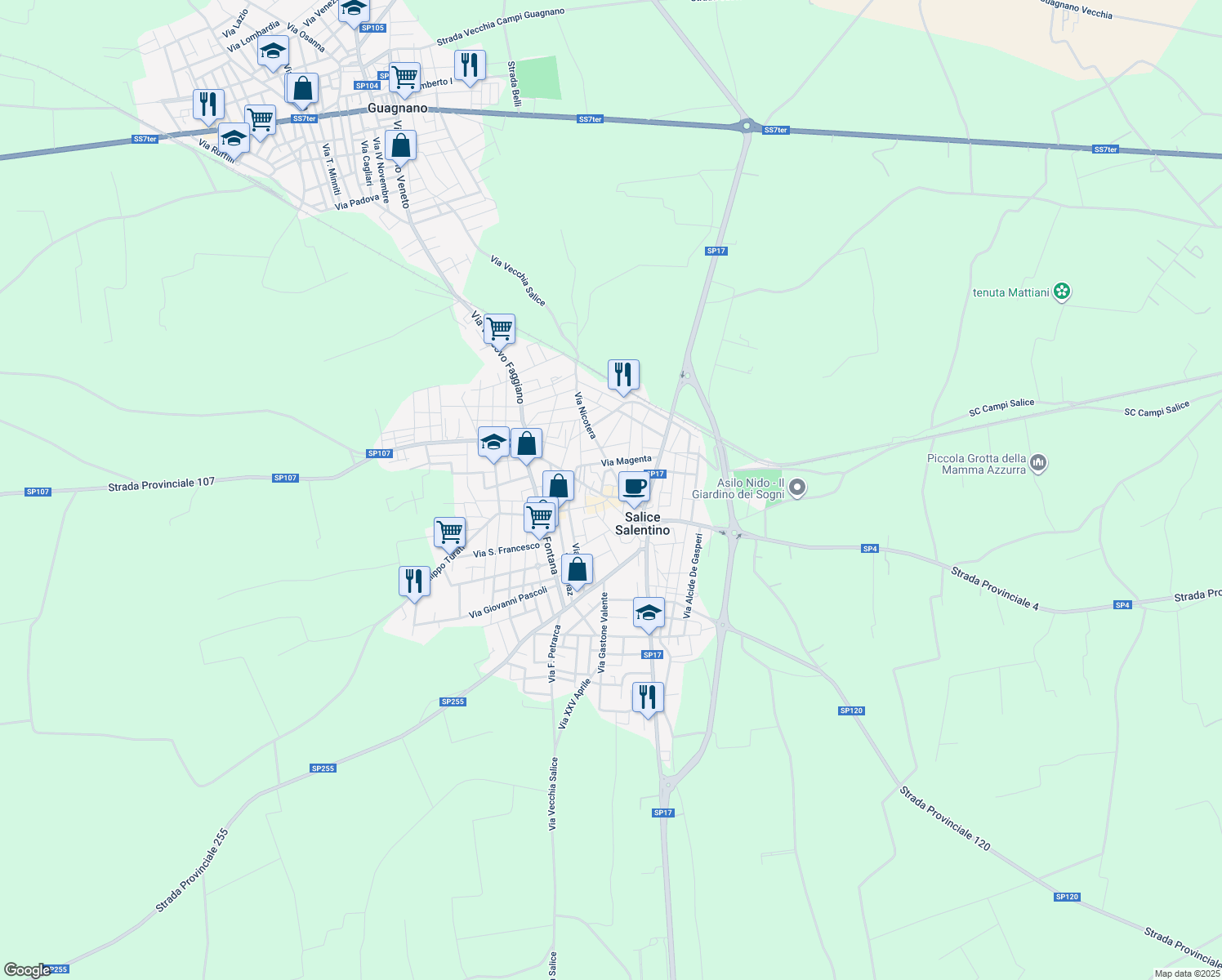 map of restaurants, bars, coffee shops, grocery stores, and more near 7 Via Madonna della Visitazione in Salice Salentino