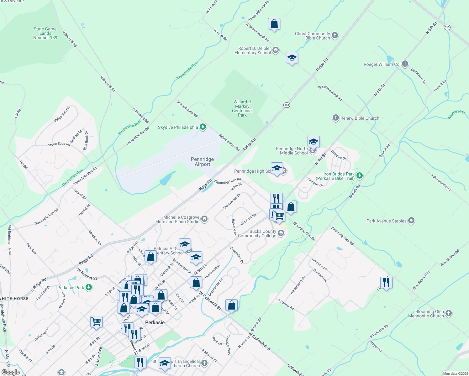 map of restaurants, bars, coffee shops, grocery stores, and more near 1117 North 7th Street in Perkasie