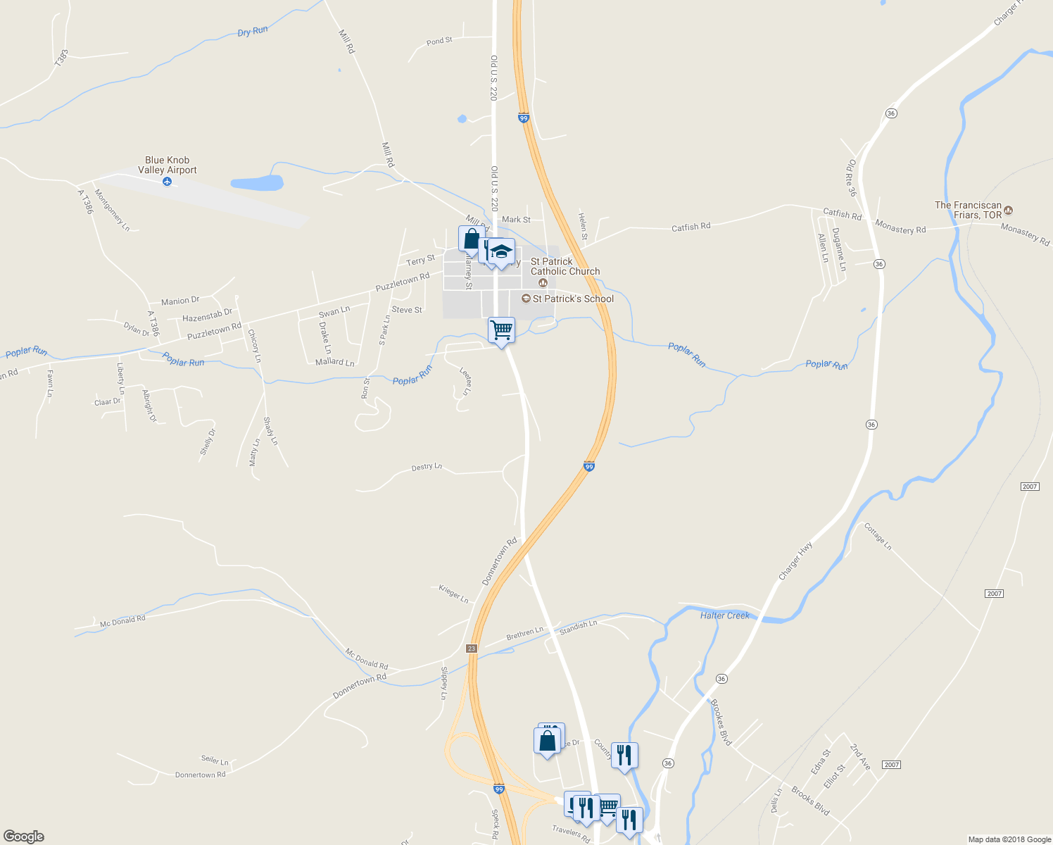 map of restaurants, bars, coffee shops, grocery stores, and more near Dunnings Highway in Duncansville