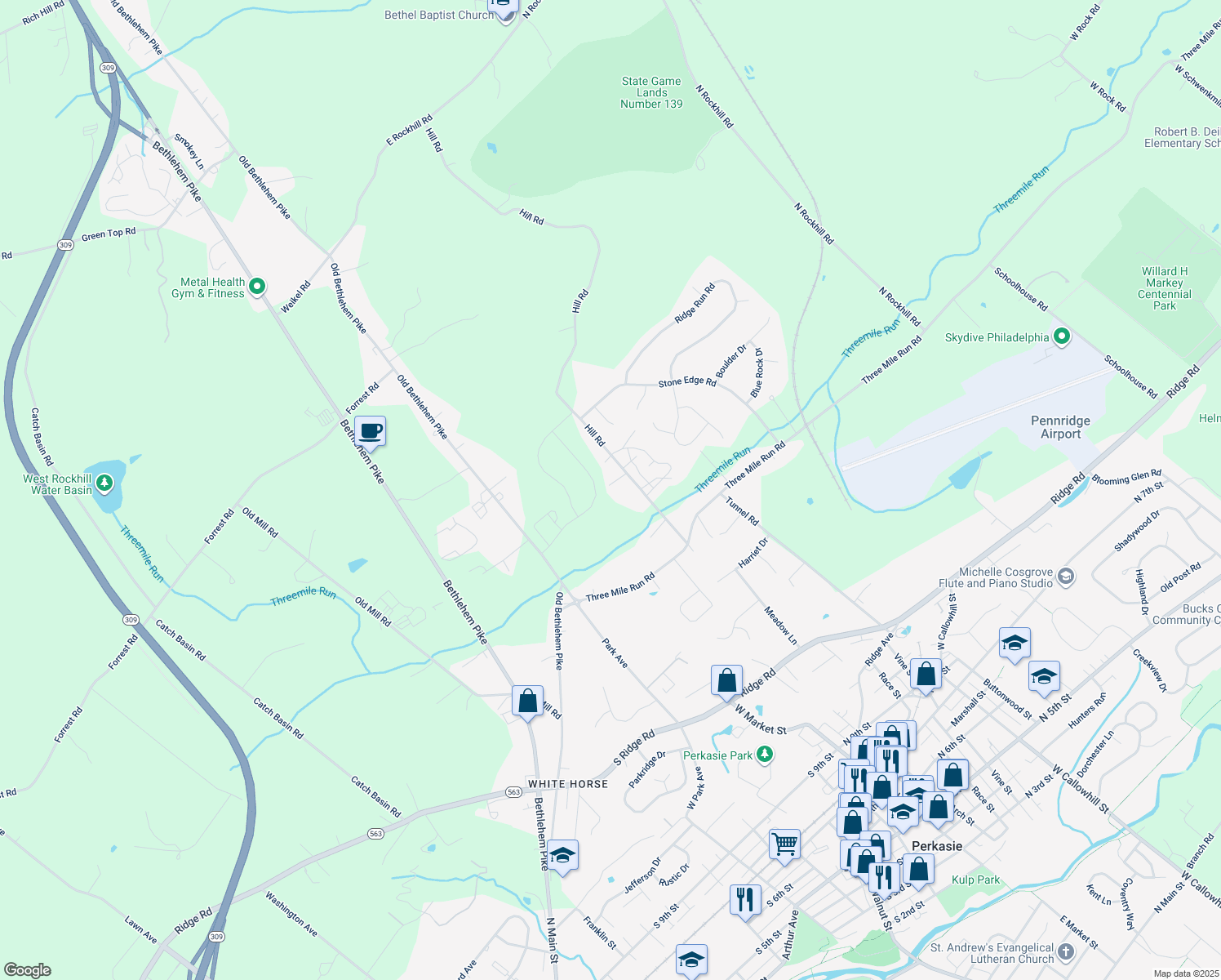 map of restaurants, bars, coffee shops, grocery stores, and more near 2162 Hill Road in Sellersville